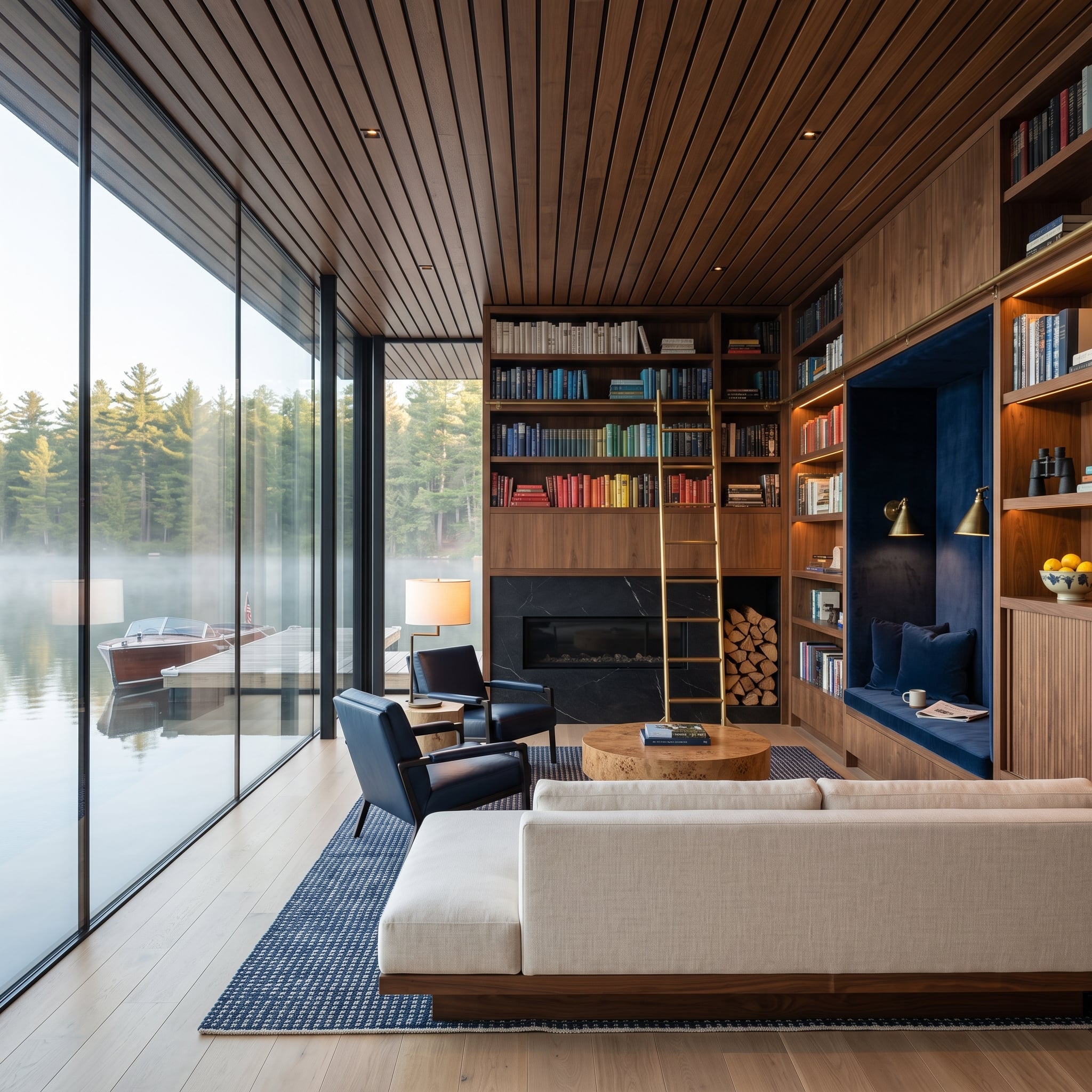 Walnut-paneled living room with floor-to-ceiling library, brass ladder, navy reading nook, and lake views