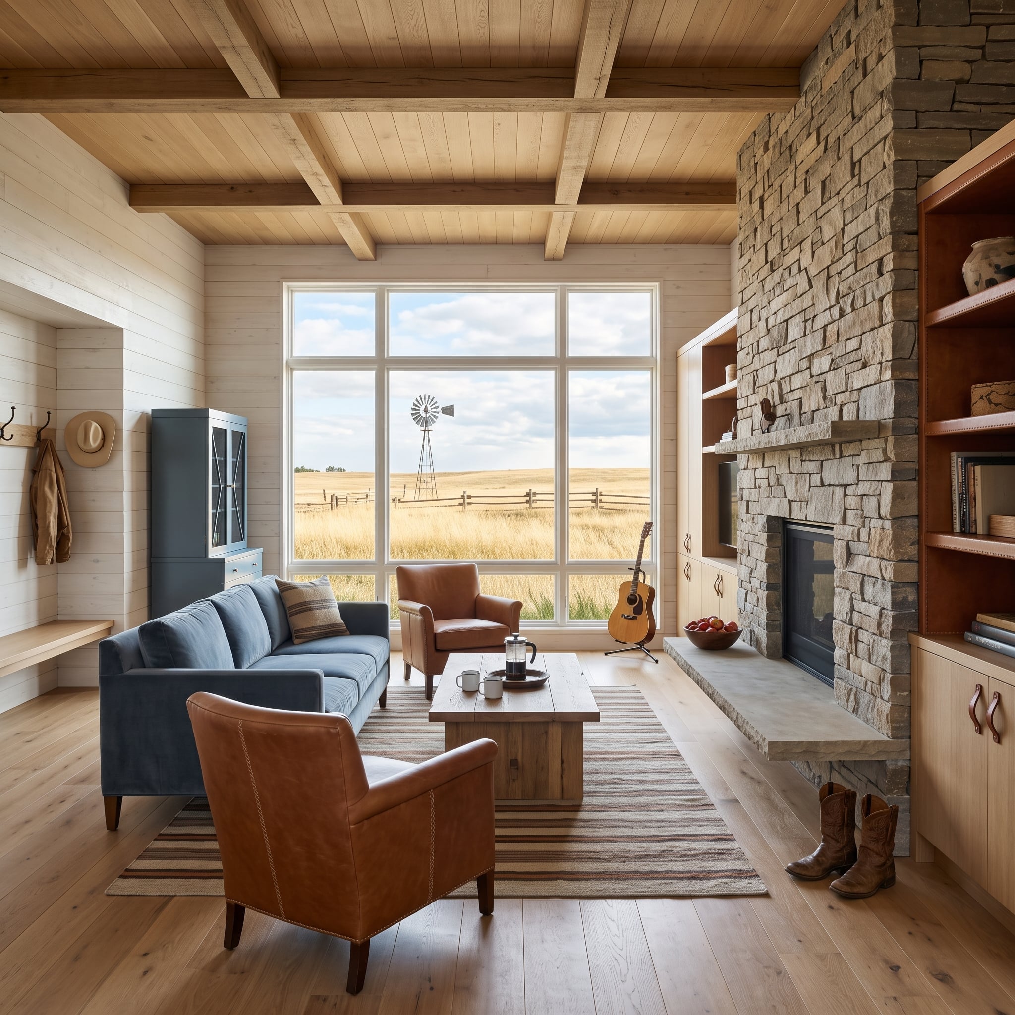 Rustic contemporary living room with tall stacked-stone fireplace, denim-blue sofa, cognac leather chairs, and windmill view