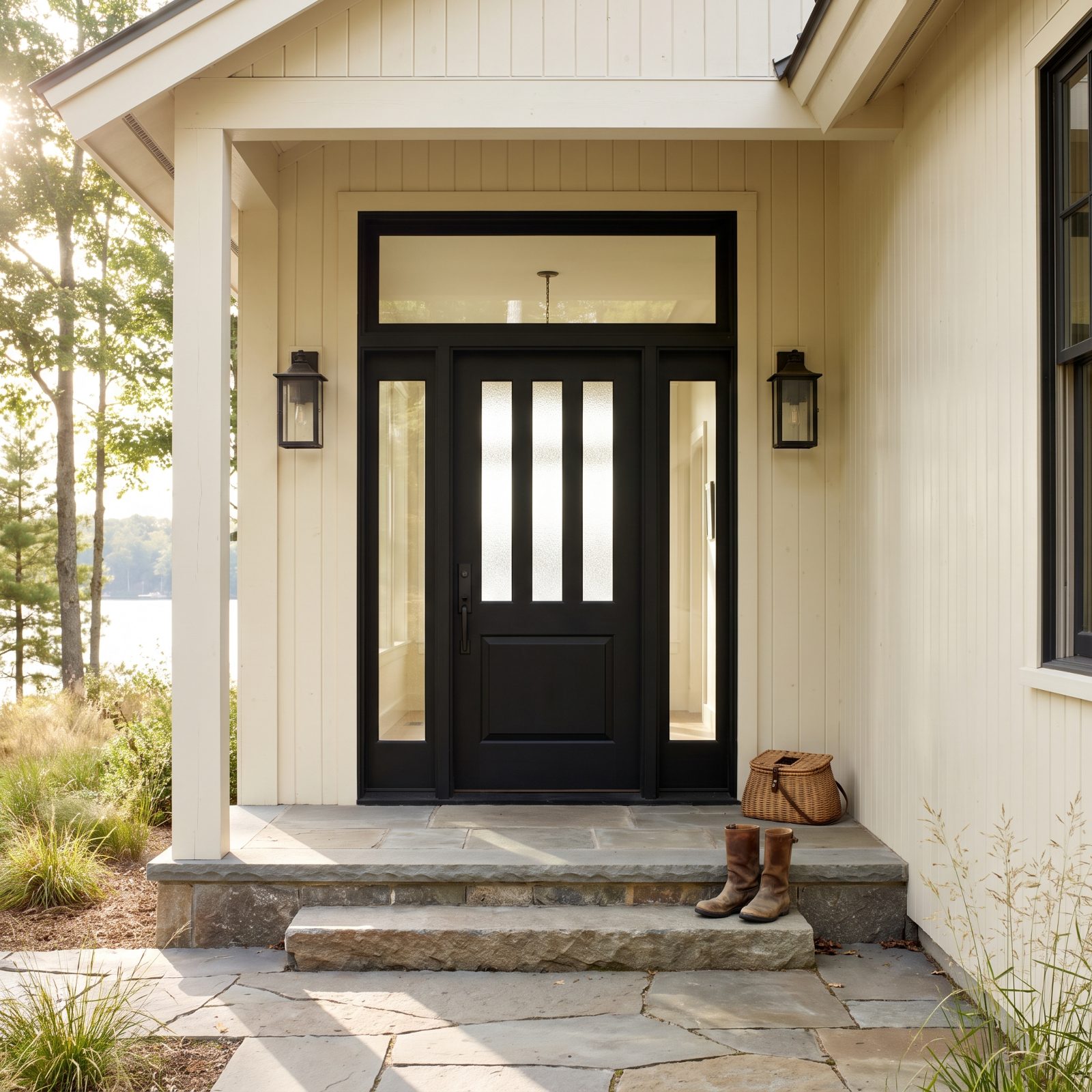 Tall black front door with vertical glass panels and a transom window above, flanked by two sconces.