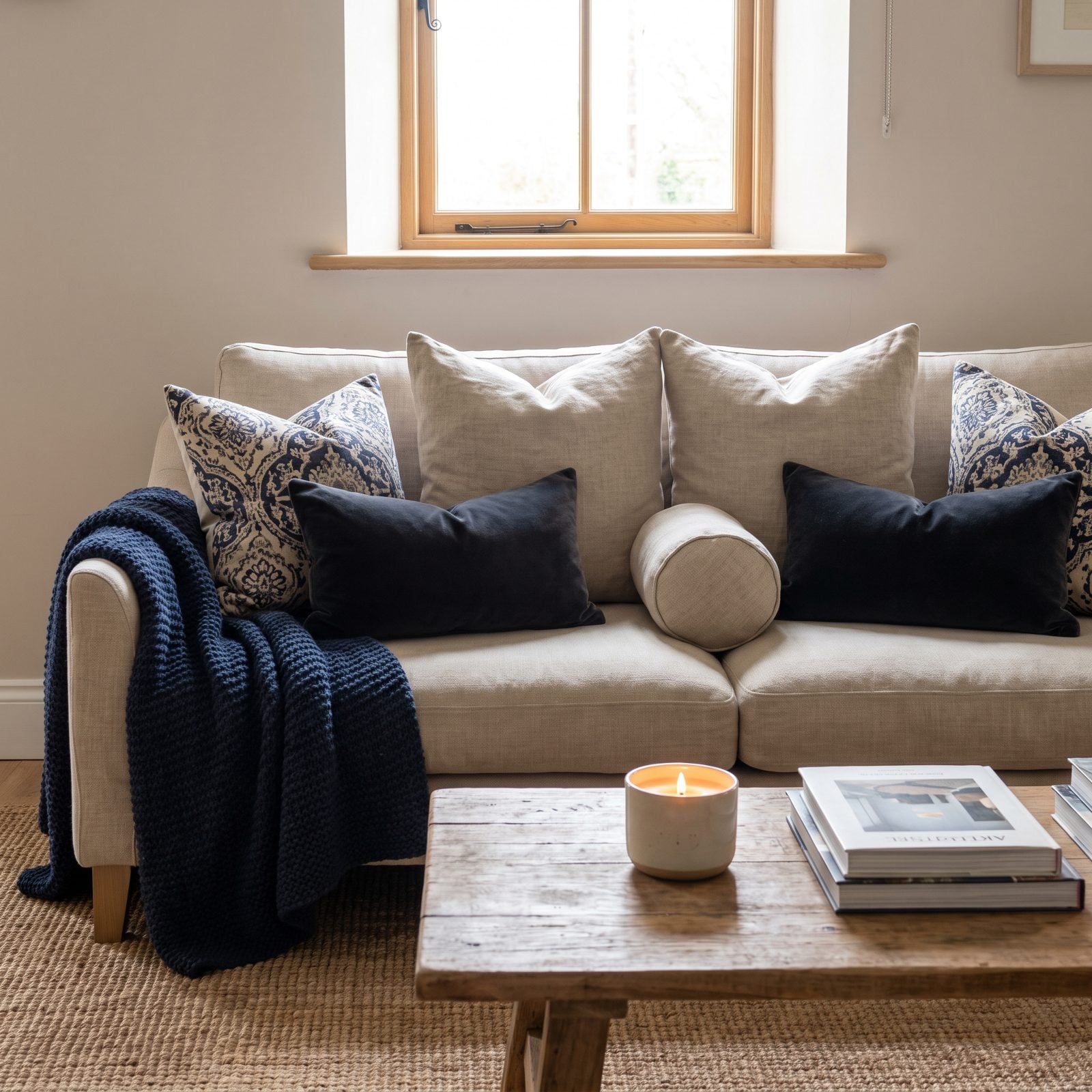 Beige linen sofa layered with seven throw pillows in four different fabrics.