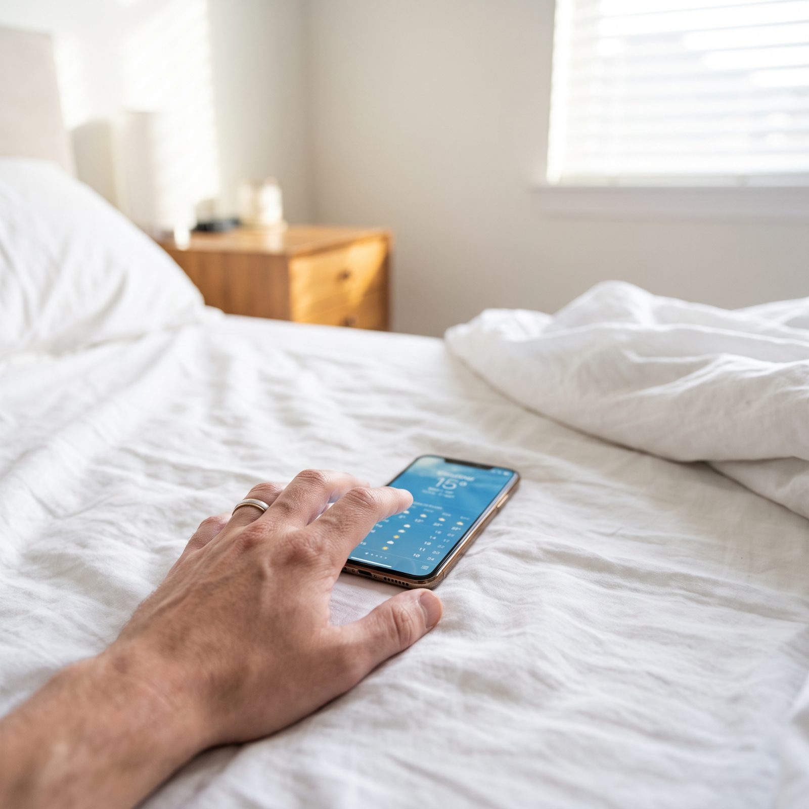 Bedroom nightstand with a smartphone lying screen-down on a charging cable beside a lamp and a glass of water.
