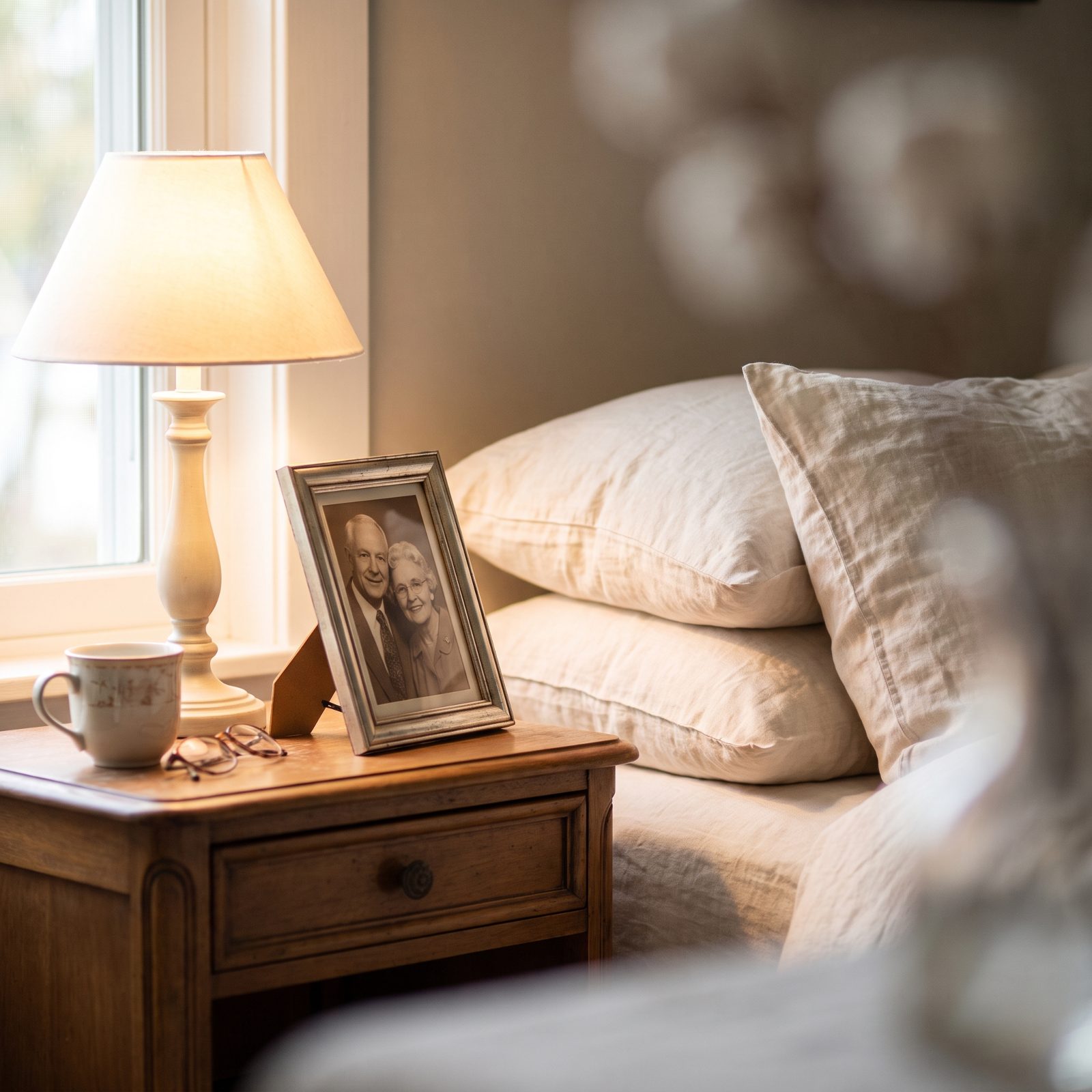 Cream nightstand with a single small framed photograph angled toward the pillow beside a lamp and reading glasses.