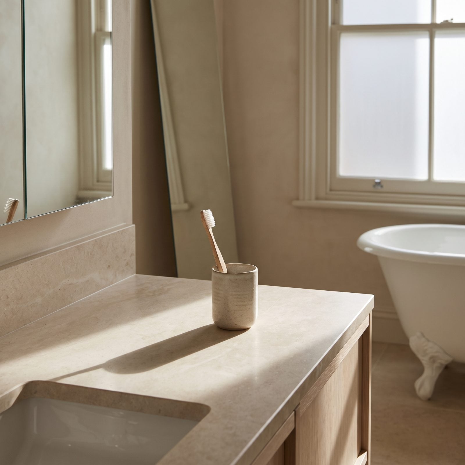 Bathroom vanity with a single blue toothbrush in a white ceramic cup and a tube of toothpaste beside it.