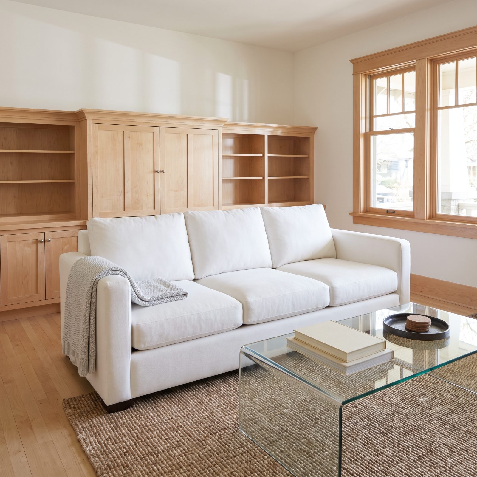 Living room with a white three-seat cotton sofa against the wall, cushions squared and one gray throw folded over the arm.