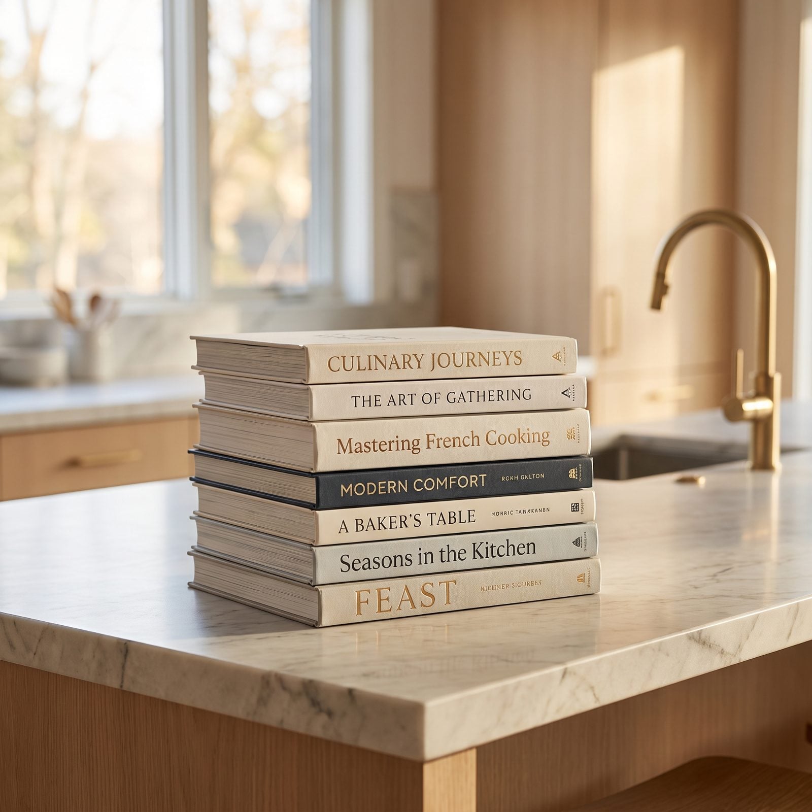 Kitchen counter with a stack of five hardcover cookbooks with uncracked spines standing against the backsplash.