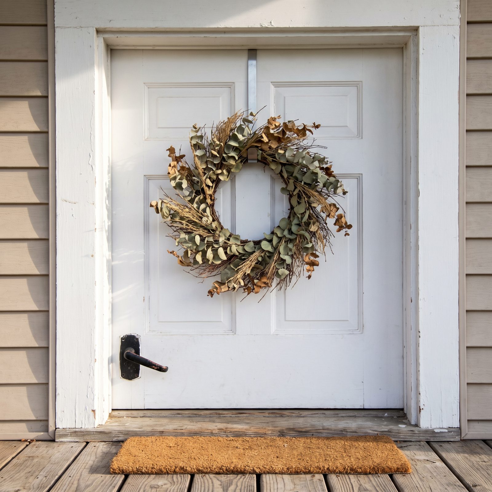 White front door with a round eucalyptus wreath hung centered on the upper panel and a woven doormat below.