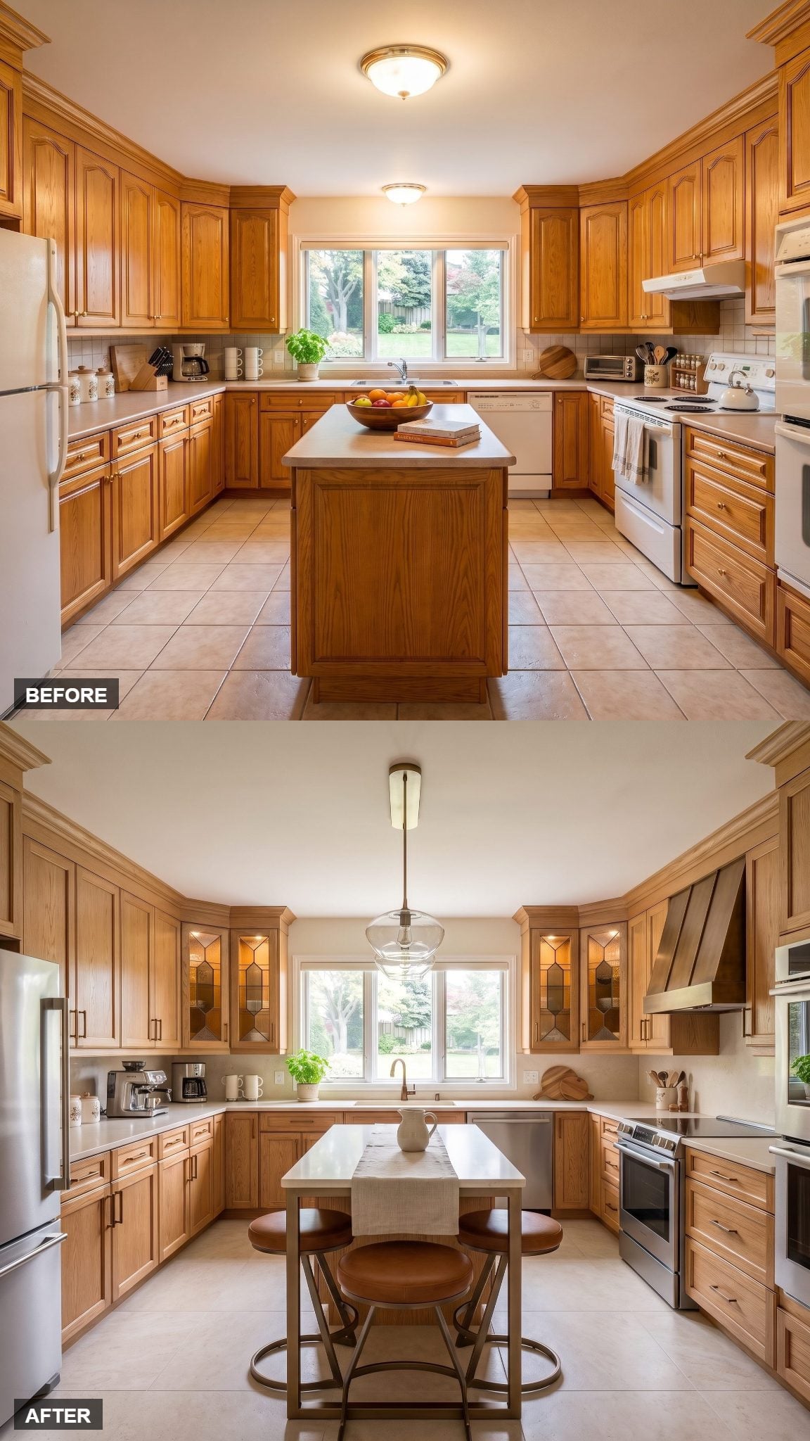 Wheat oak kitchen with illuminated amber-and-smoke art-glass cabinet panels
