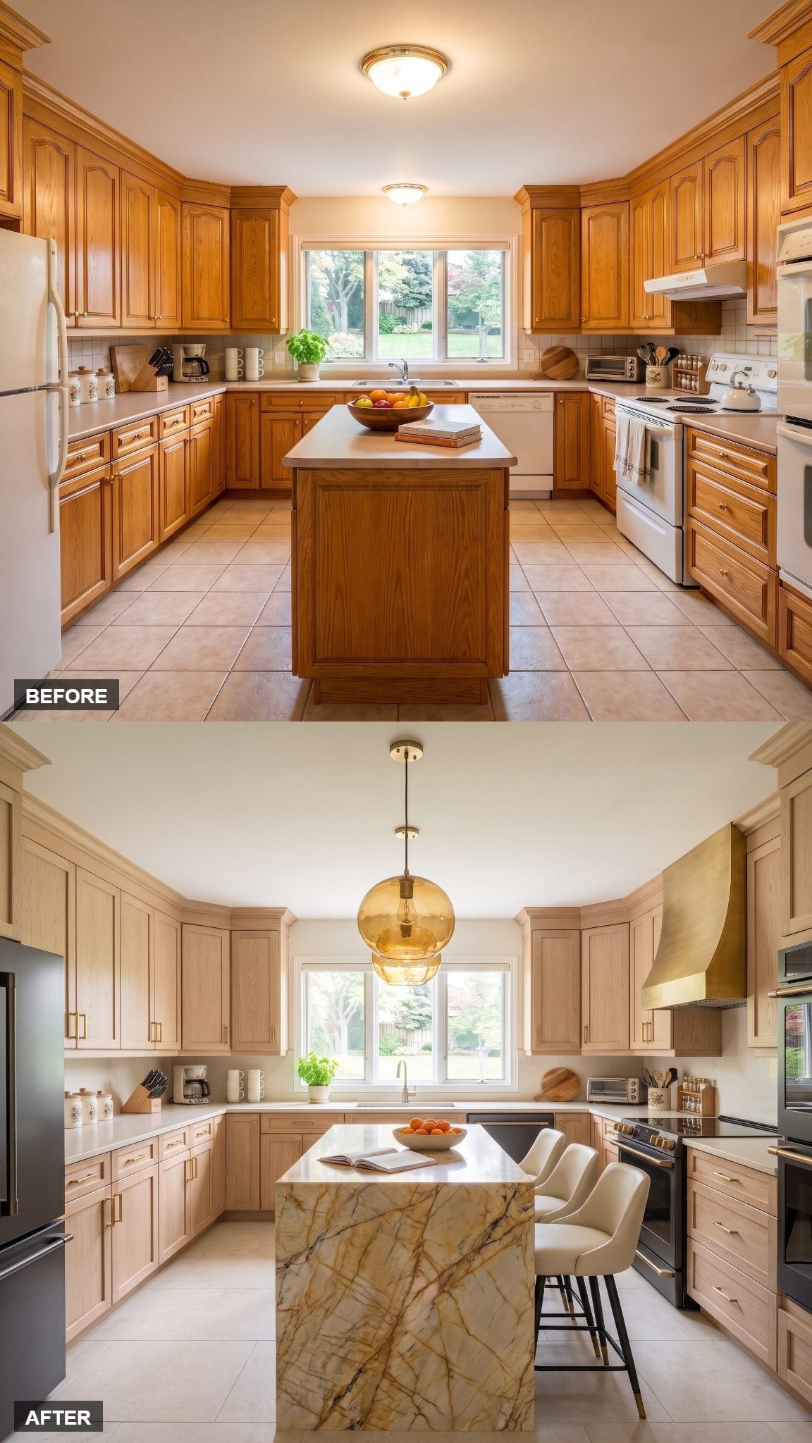 Wheat oak kitchen with saffron-colored quartzite, black range, brass details, and amber pendants