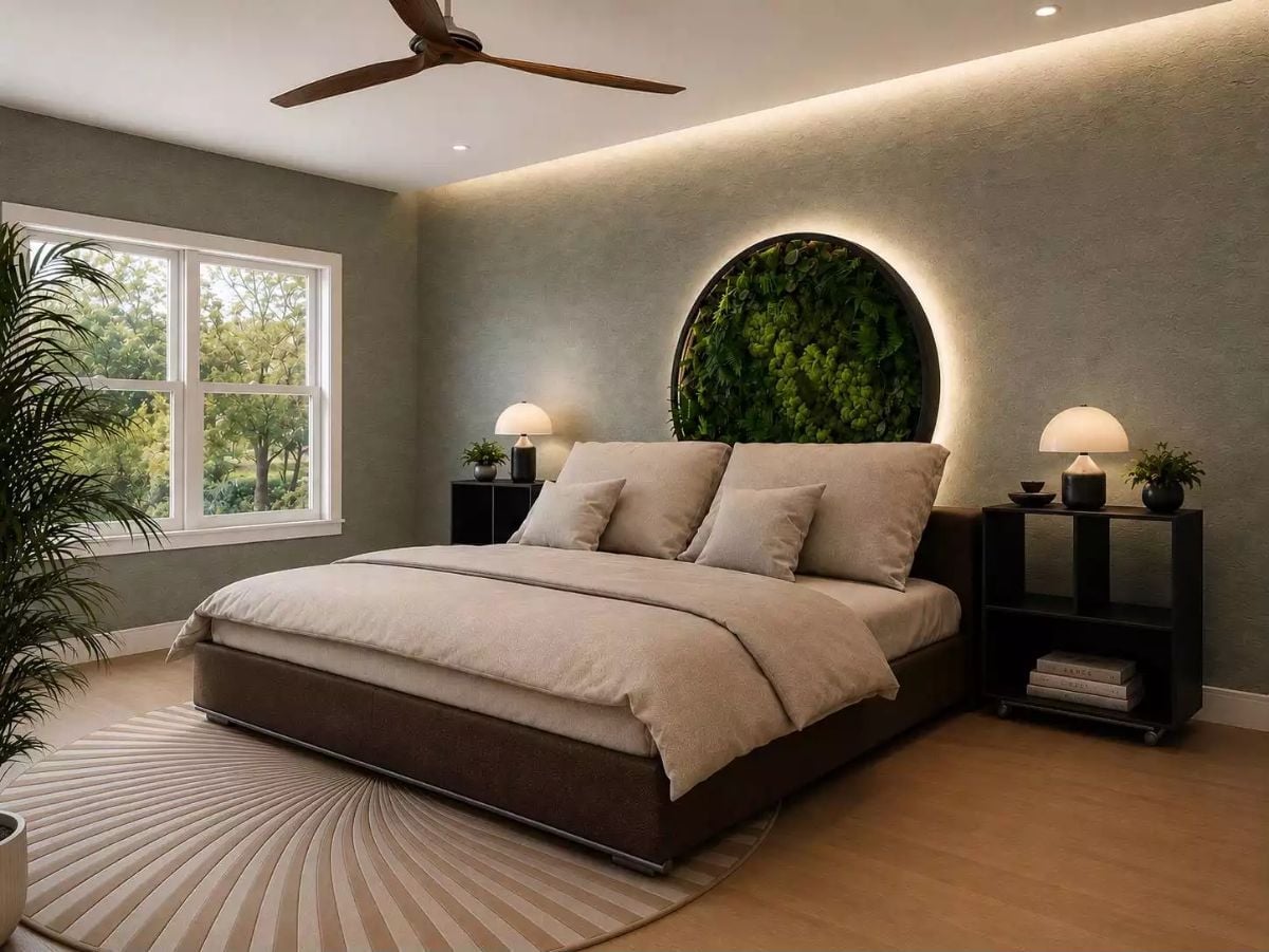 Circular Moss Wall with Backlit Halo Turns the Headboard Wall into Something Worth Staring At