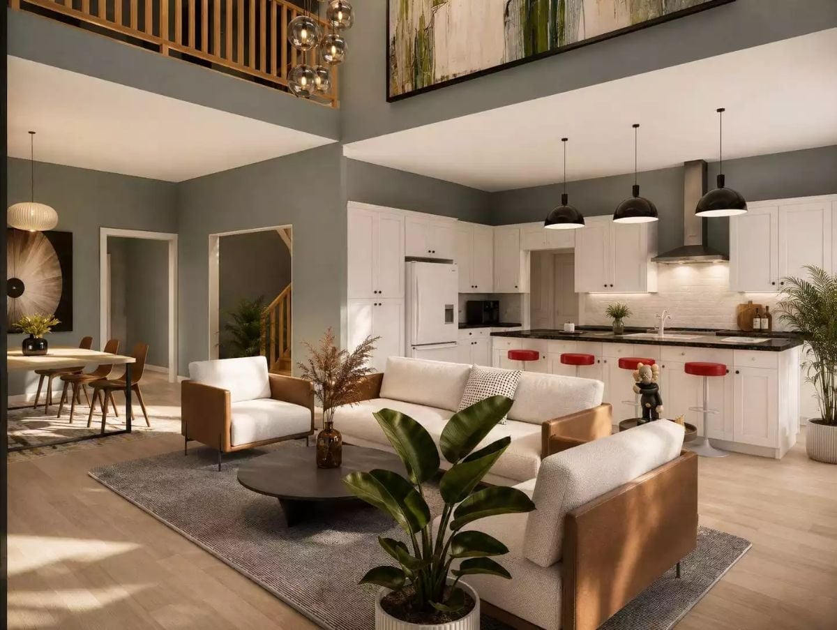 Copper-Framed Sofas and Red Barstools Pull This Open-Plan Living Space Together