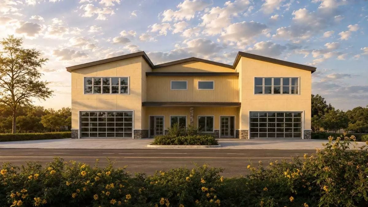 Warm Yellow Stucco and Glass Garage Doors Give This Duplex Real Curb Presence