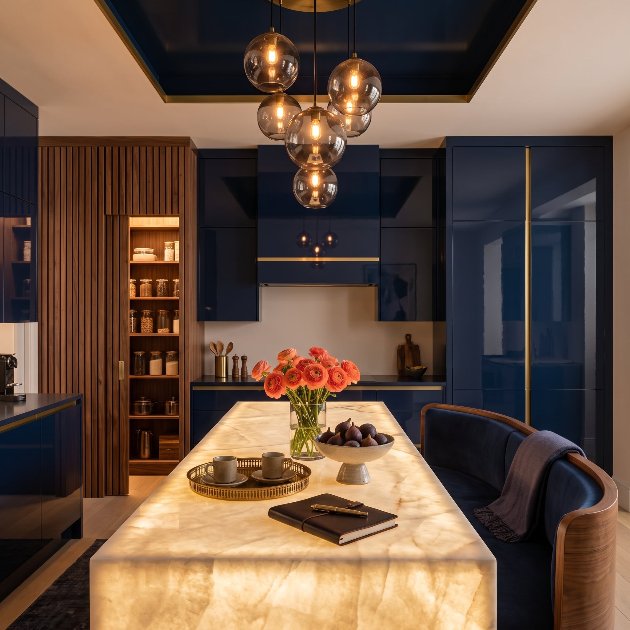 Luminous stone island, navy lacquer cabinetry, brass-colored detailing, and an integrated refrigerator