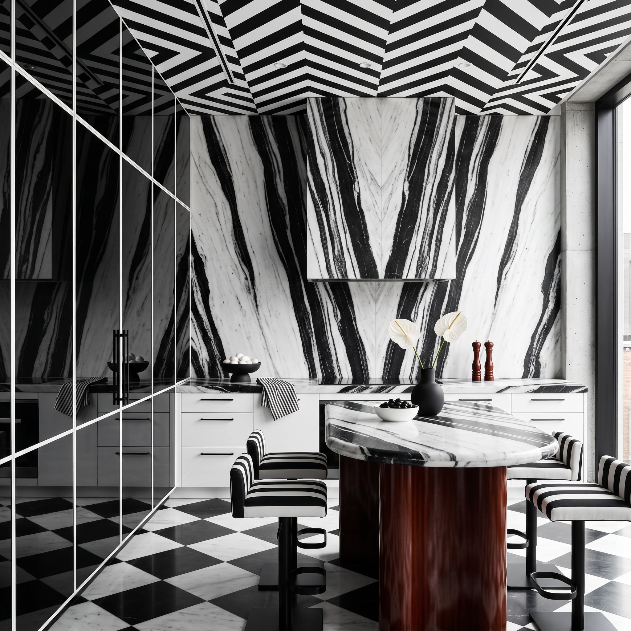 Black Marble Walls, Chevron Ceilings, and a Kitchen That Plays By Zero Rules
