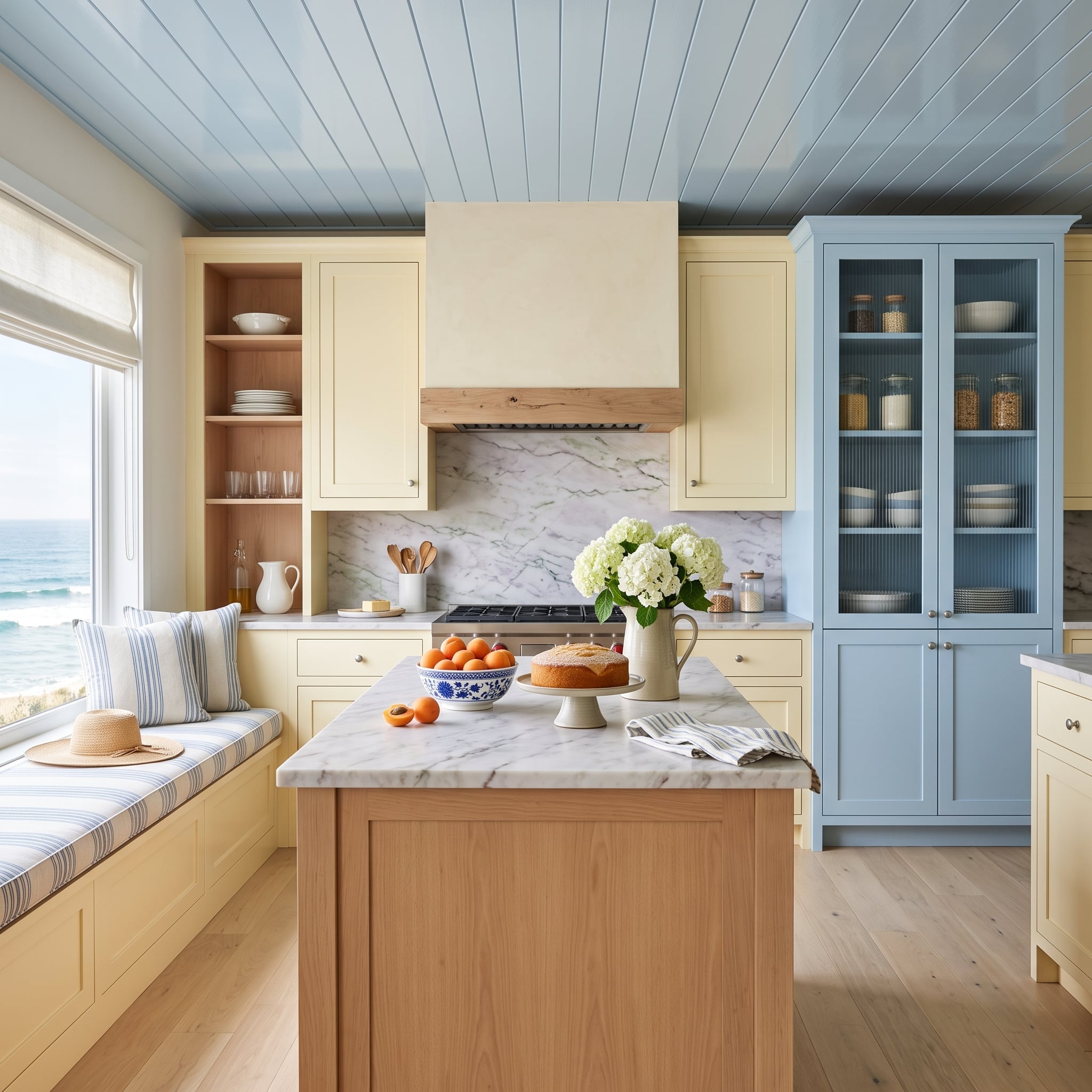 Butter Yellow Cabinetry, a Blue Pantry Tower, and a Refrigerator the Shiplap Ceiling Claimed