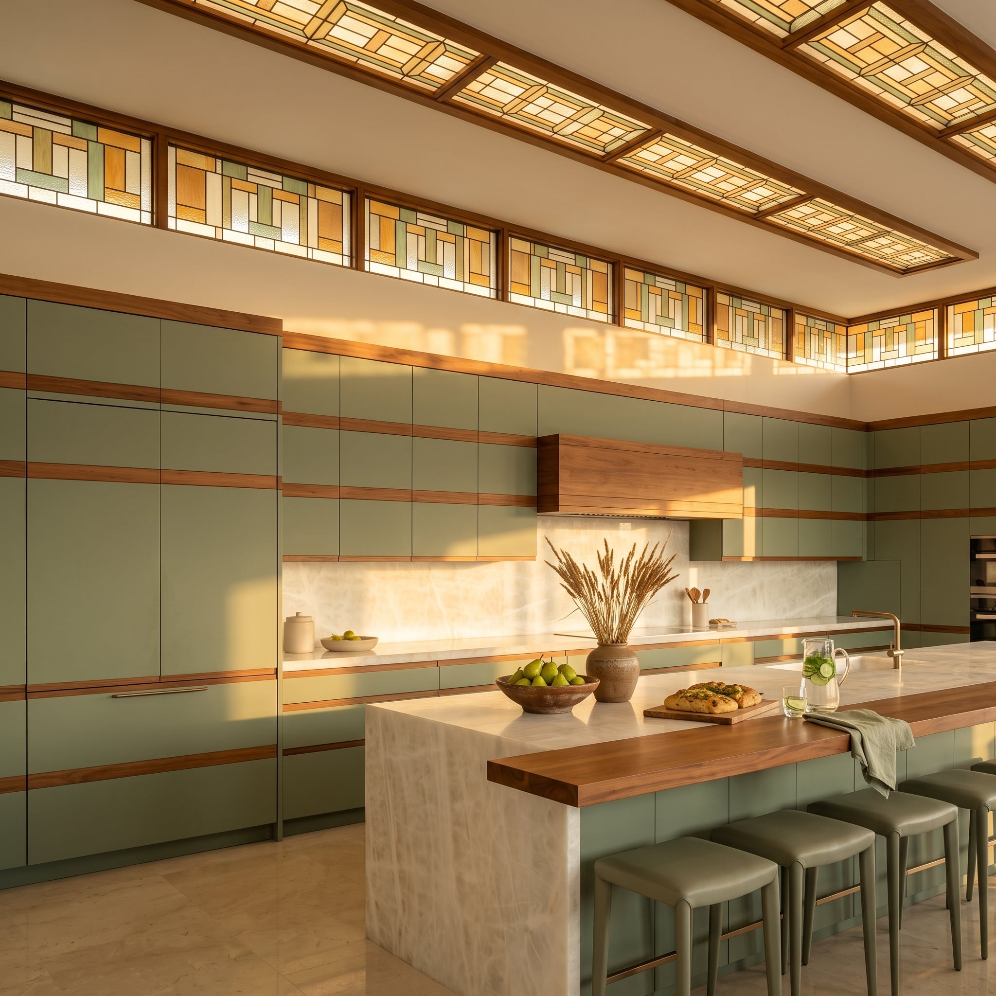 Clerestory Stained Glass, Sage Cabinetry, and a Refrigerator Hiding in Plain Sight
