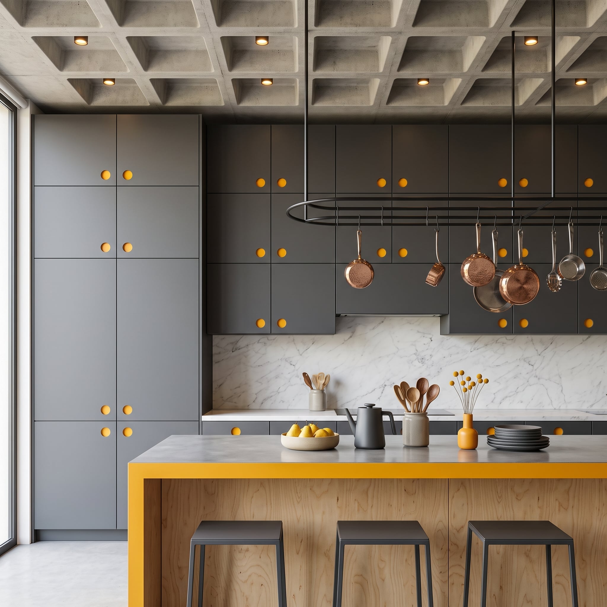 Concrete Coffers, Yellow Cabinet Knobs, and a Refrigerator the Gray Absorbed