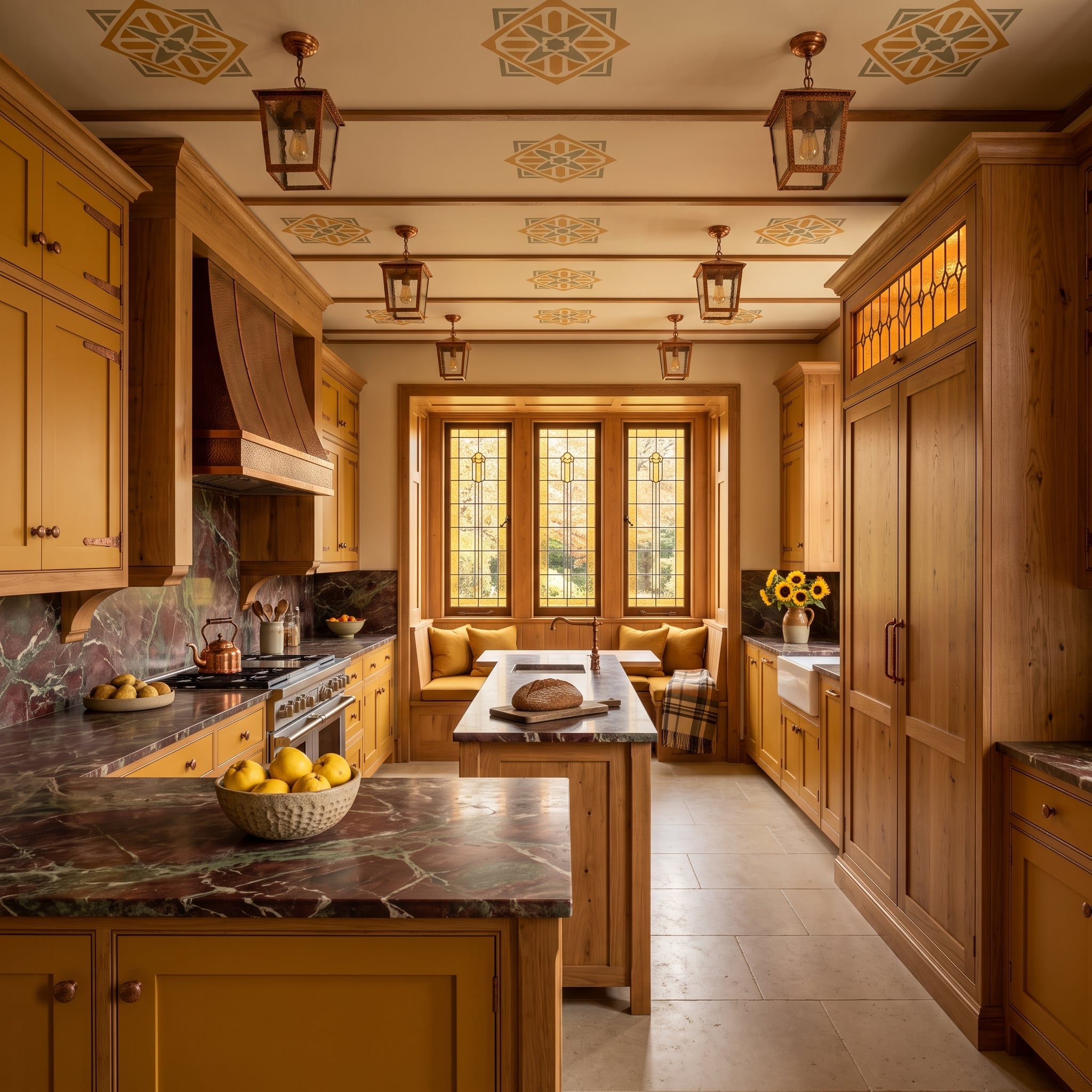 Copper-colored lanterns, a stenciled ceiling, knotty wood cabinetry, and an integrated refrigerator