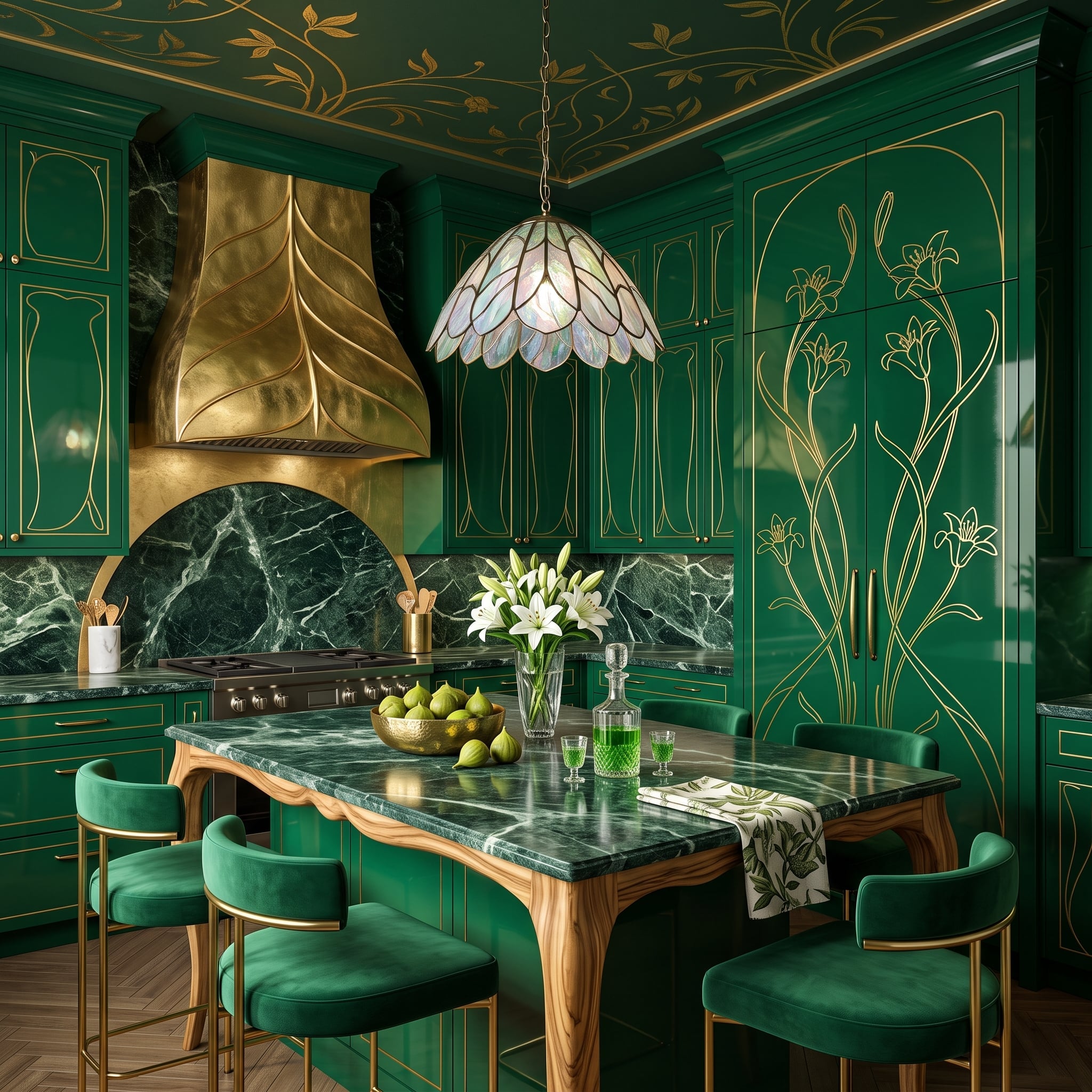 Emerald Lacquer, a Brass Range Hood, and a Refrigerator the Lily Panels Claimed