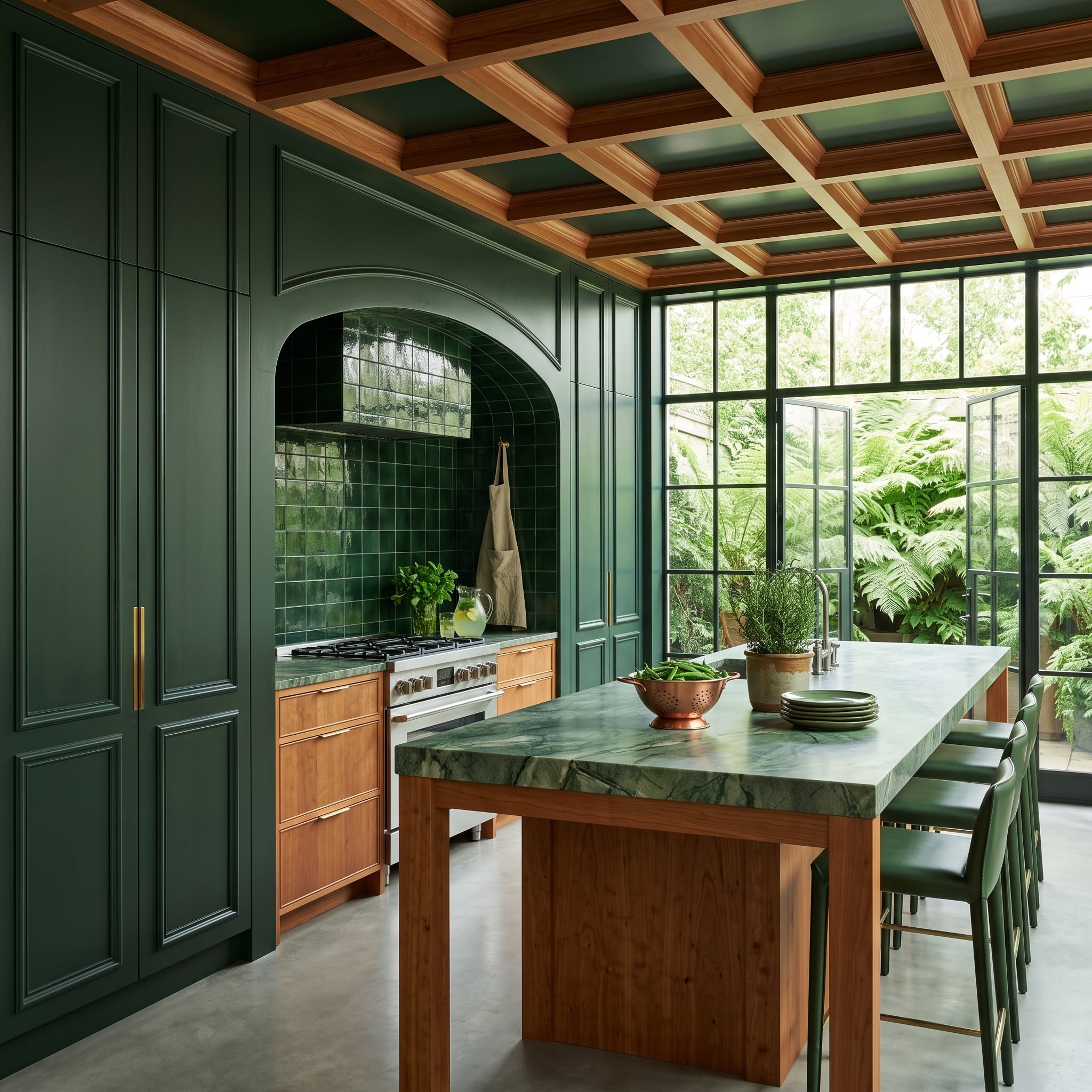 Forest Green Cabinetry, a Coffered Ceiling, and a Refrigerator the Arch Claimed