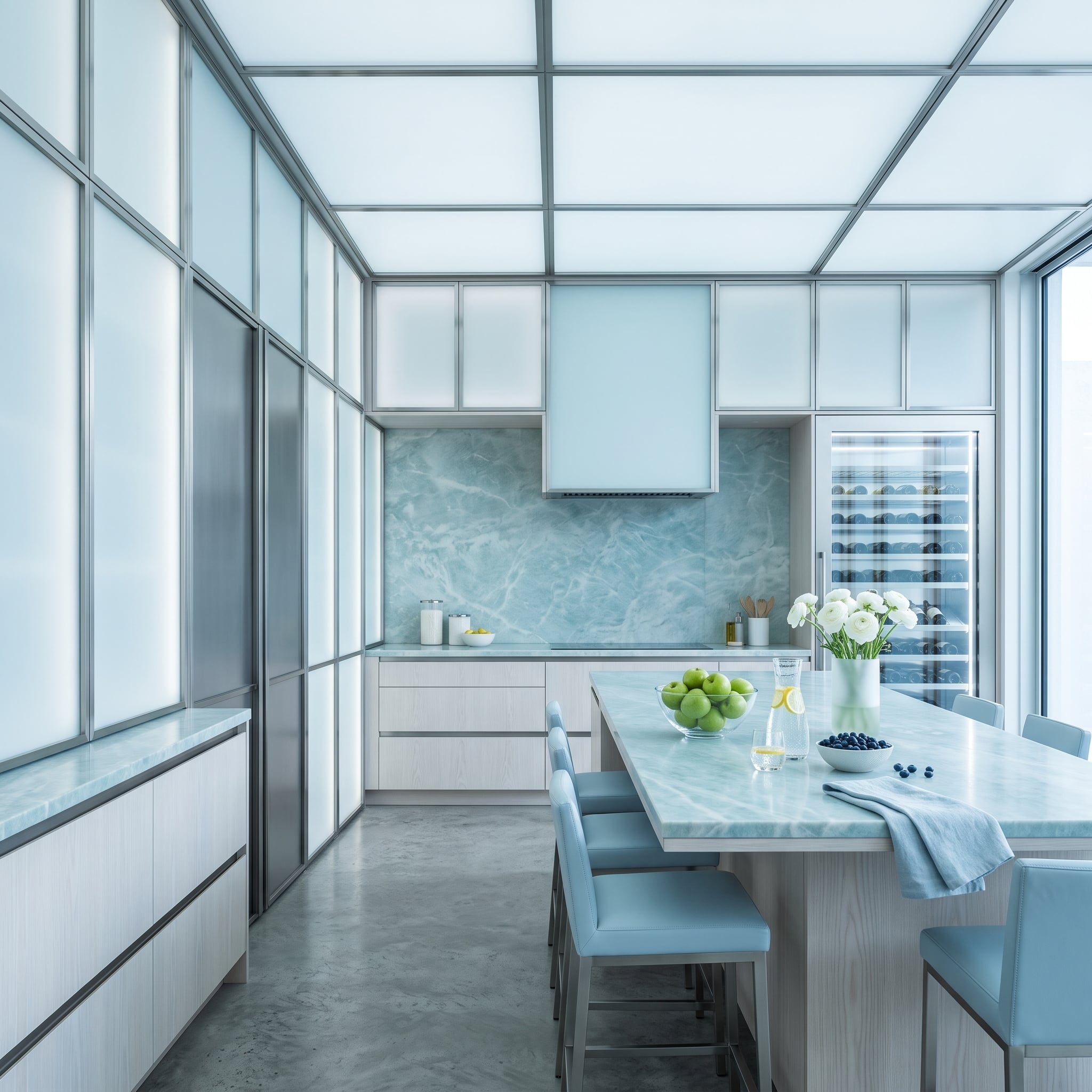 Frosted Glass Panels, Blue Quartzite, and a Wine Fridge That Almost Disappears