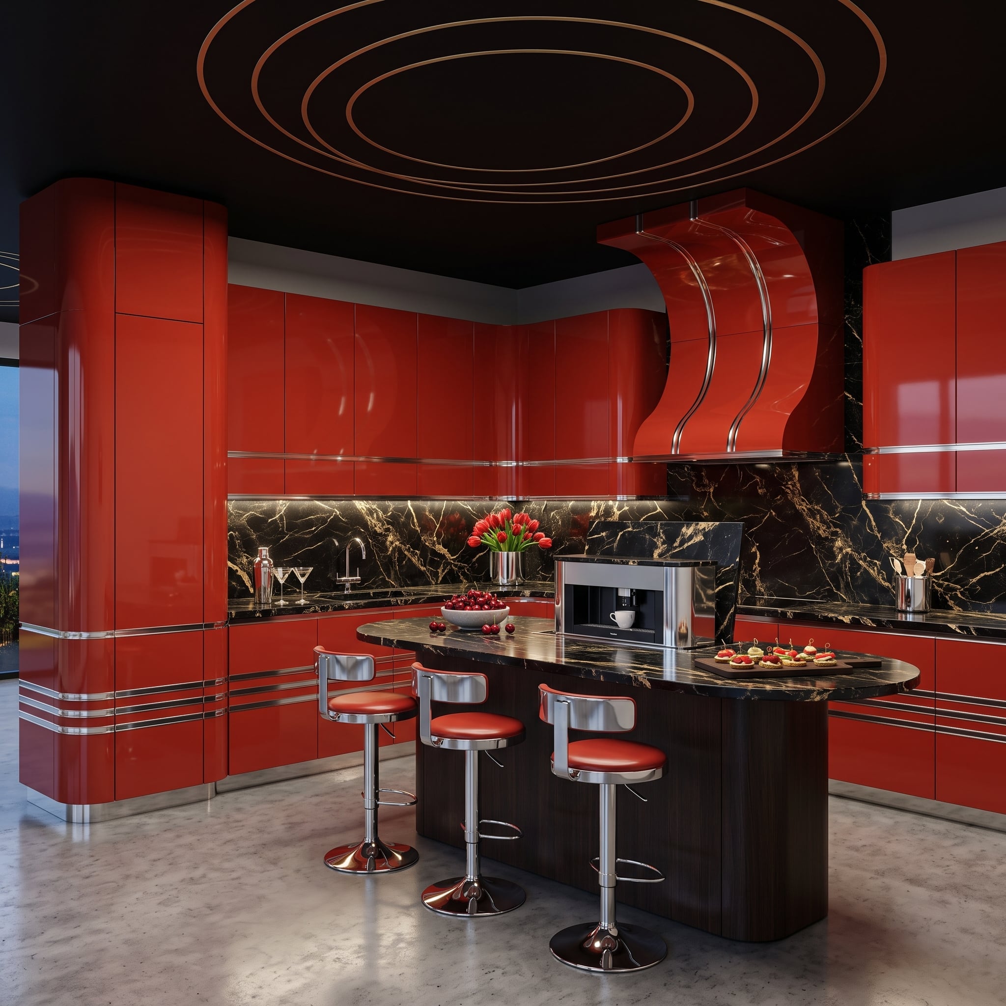 Glossy red lacquer cabinetry, dark veined stone, and an integrated refrigerator