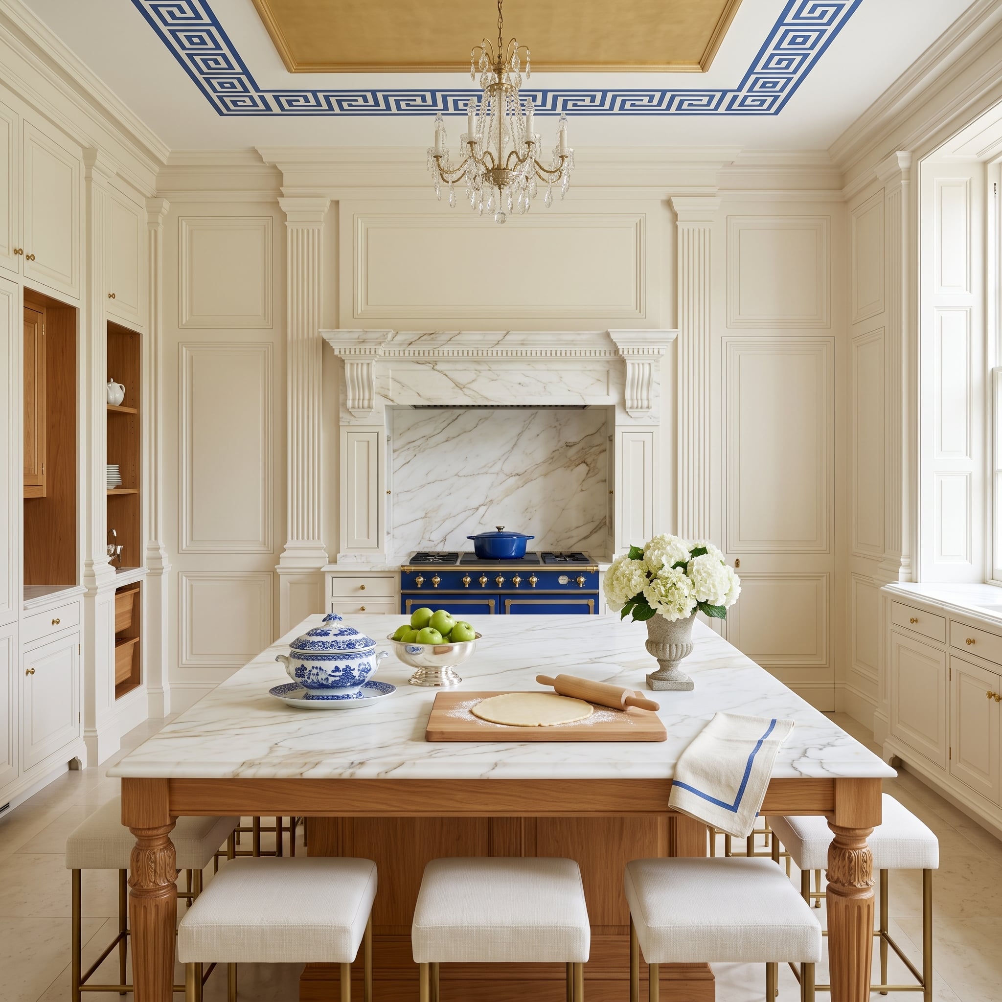 Greek Key Ceiling, a Royal Blue Range, and Cabinetry That Absorbed the Refrigerator Whole