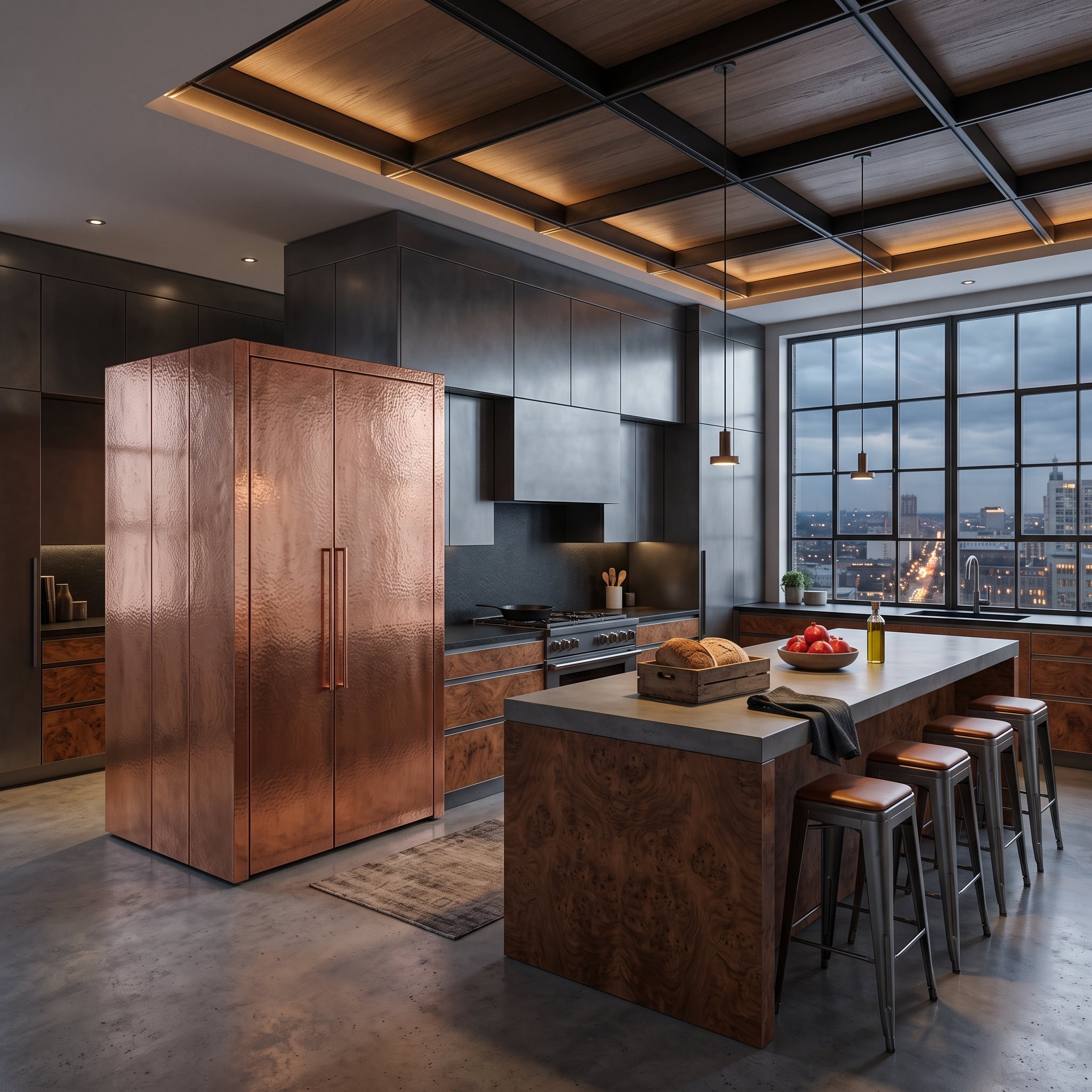 Hammered Copper, Gunmetal Cabinetry, and a Refrigerator the Metal Claimed