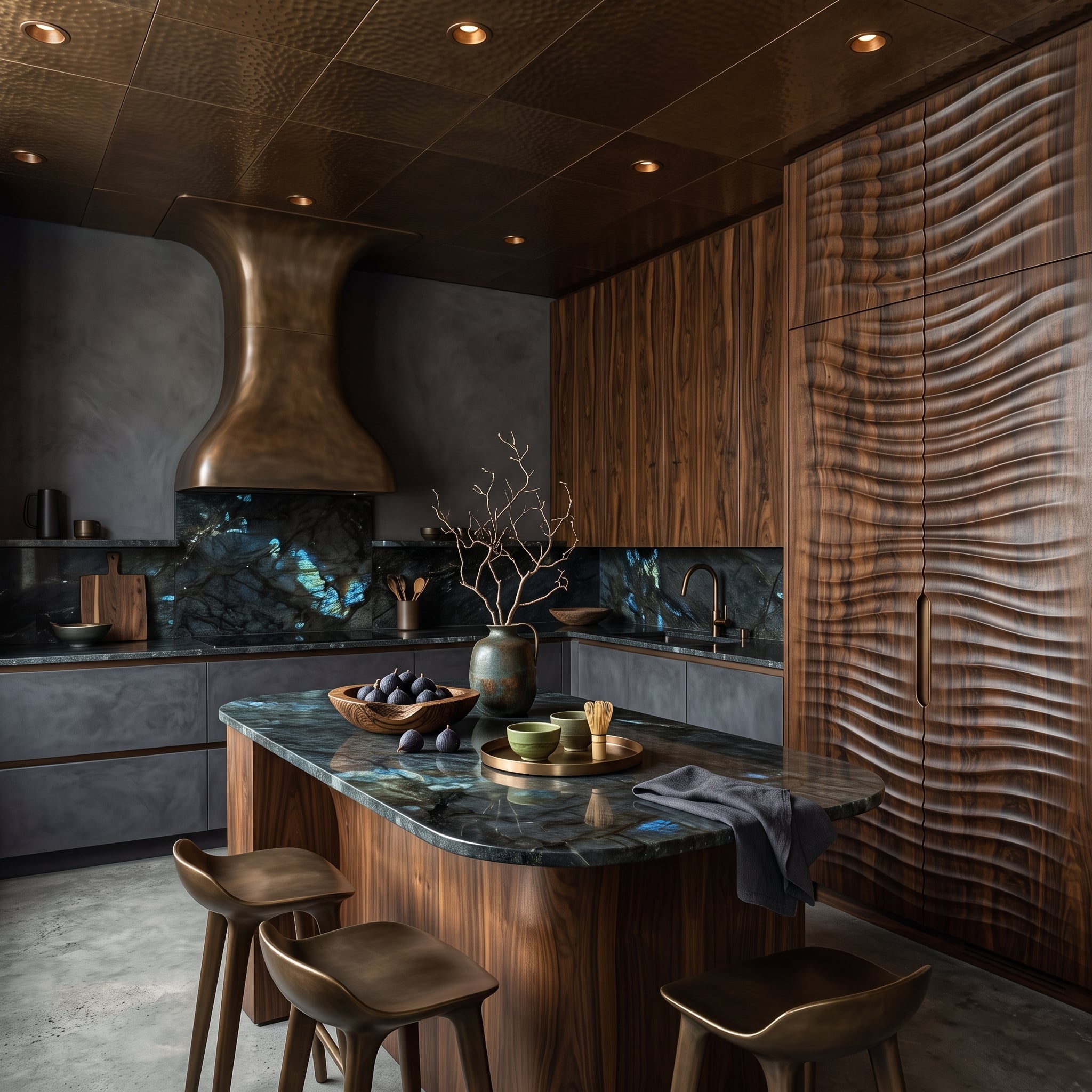 Electric-blue veined stone, rippled wood panels, and a concealed refrigerator