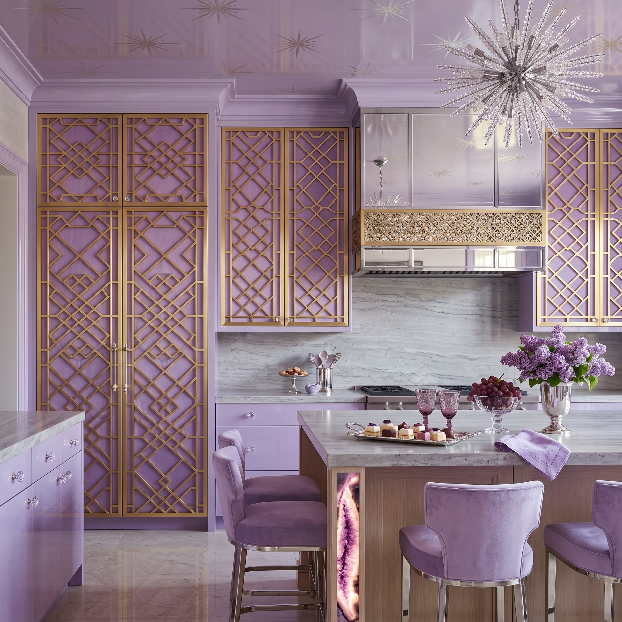 Lavender Lacquer, Gold Lattice Cabinets, and a Refrigerator the Whole Room Swallowed