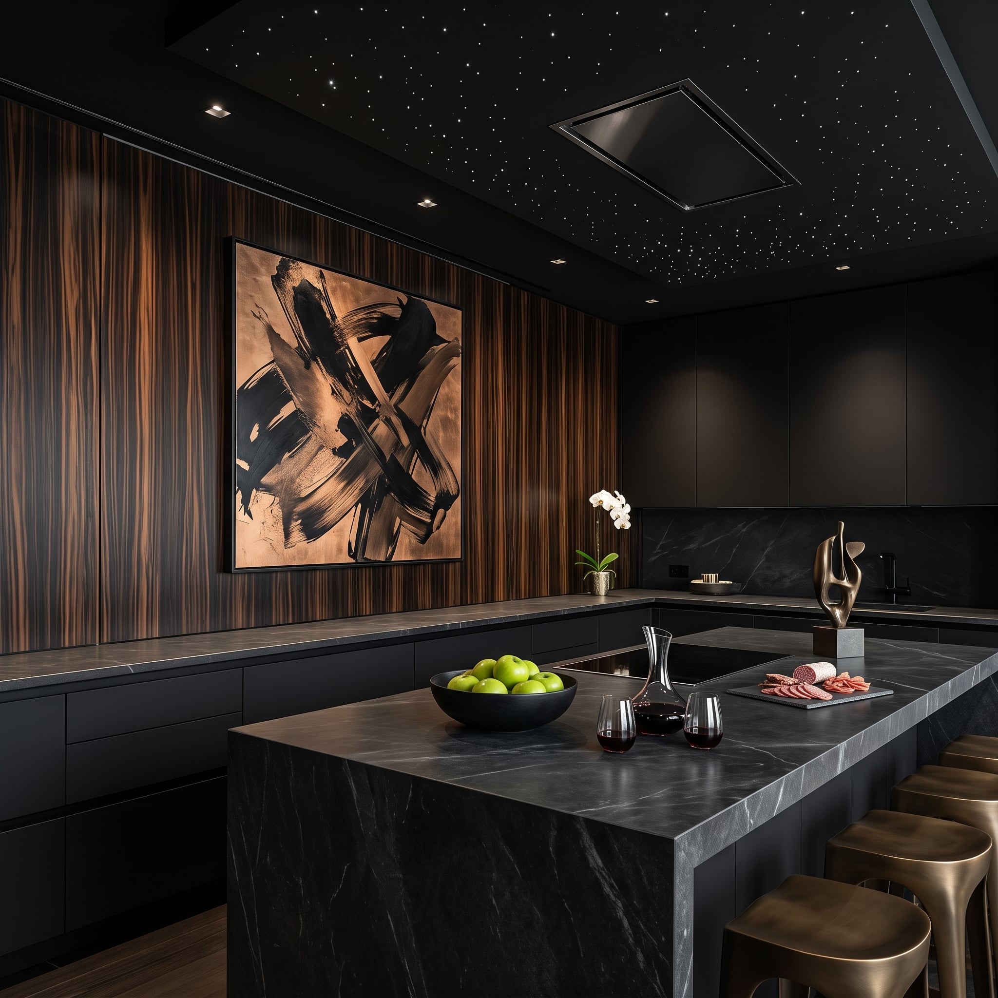Dark striped wood cabinetry, a starry ceiling, and an integrated refrigerator