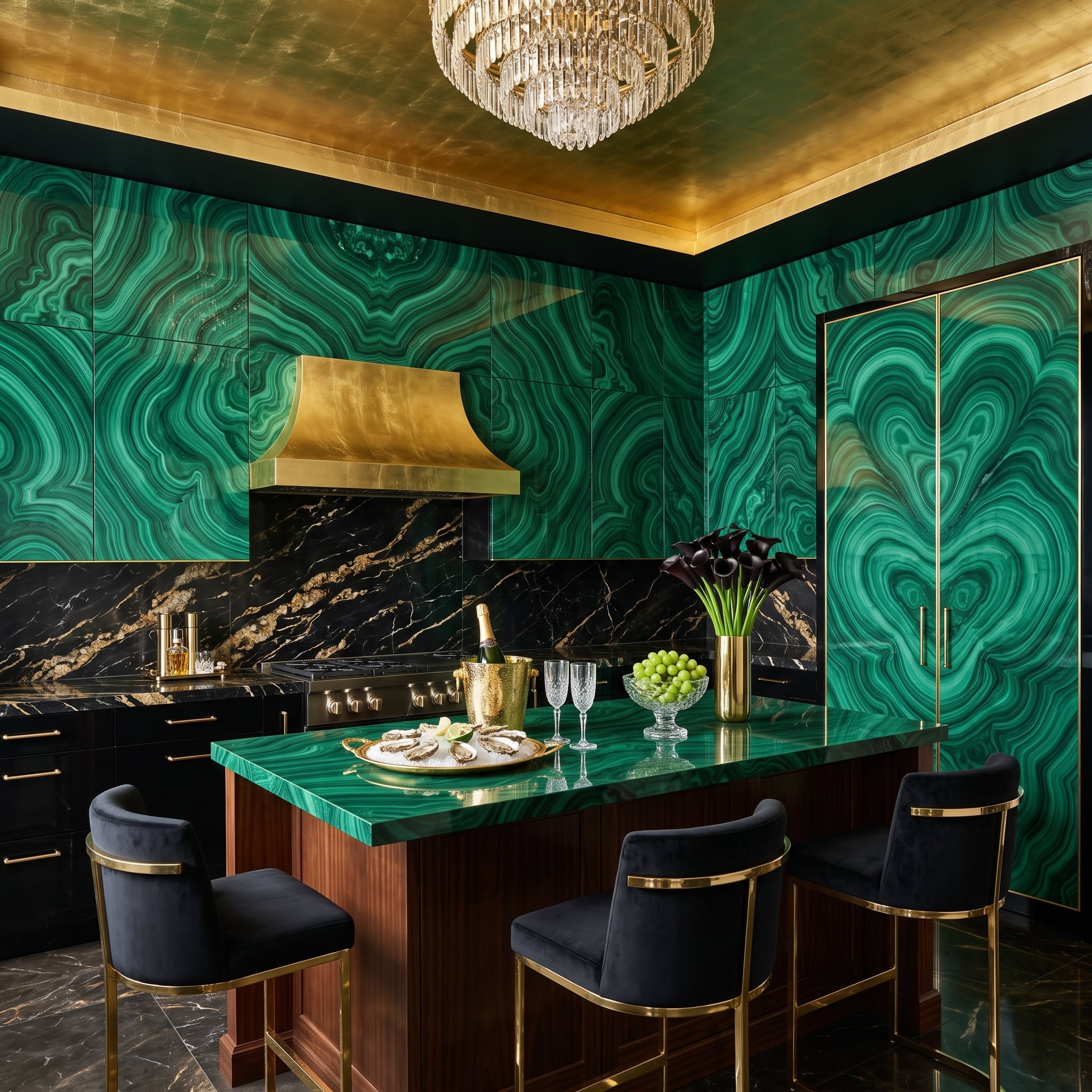 Swirling green stone, gold-toned ceiling, dark cabinetry, and an integrated refrigerator