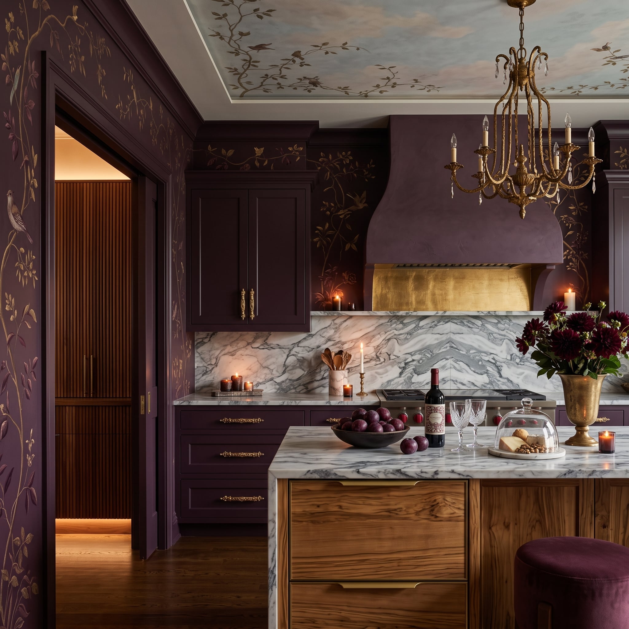 Plum Cabinetry, a Painted Ceiling, and a Refrigerator the Drama Never Let You Find