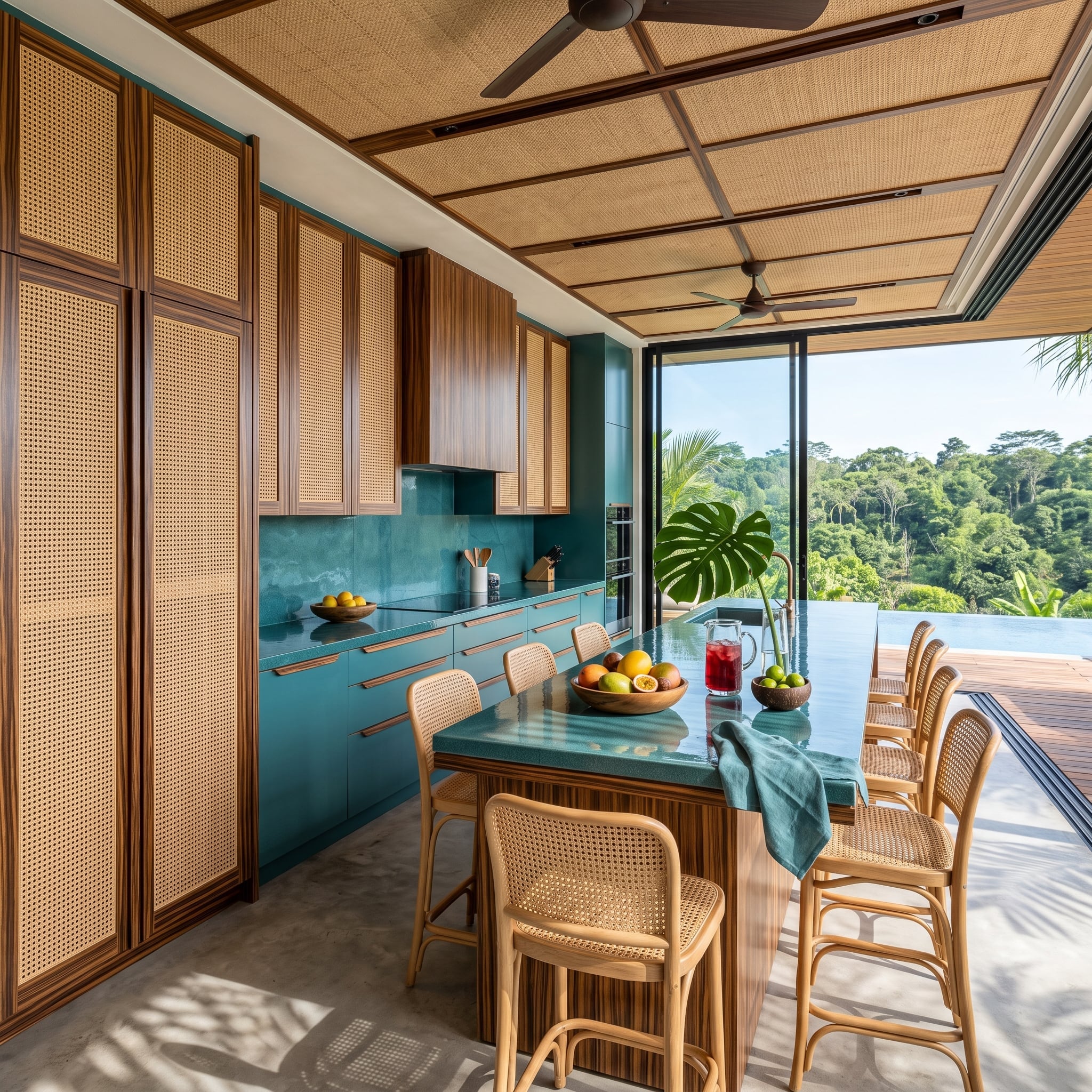 Rattan Cabinets, Teal Countertops, and a Refrigerator the Jungle View Outran