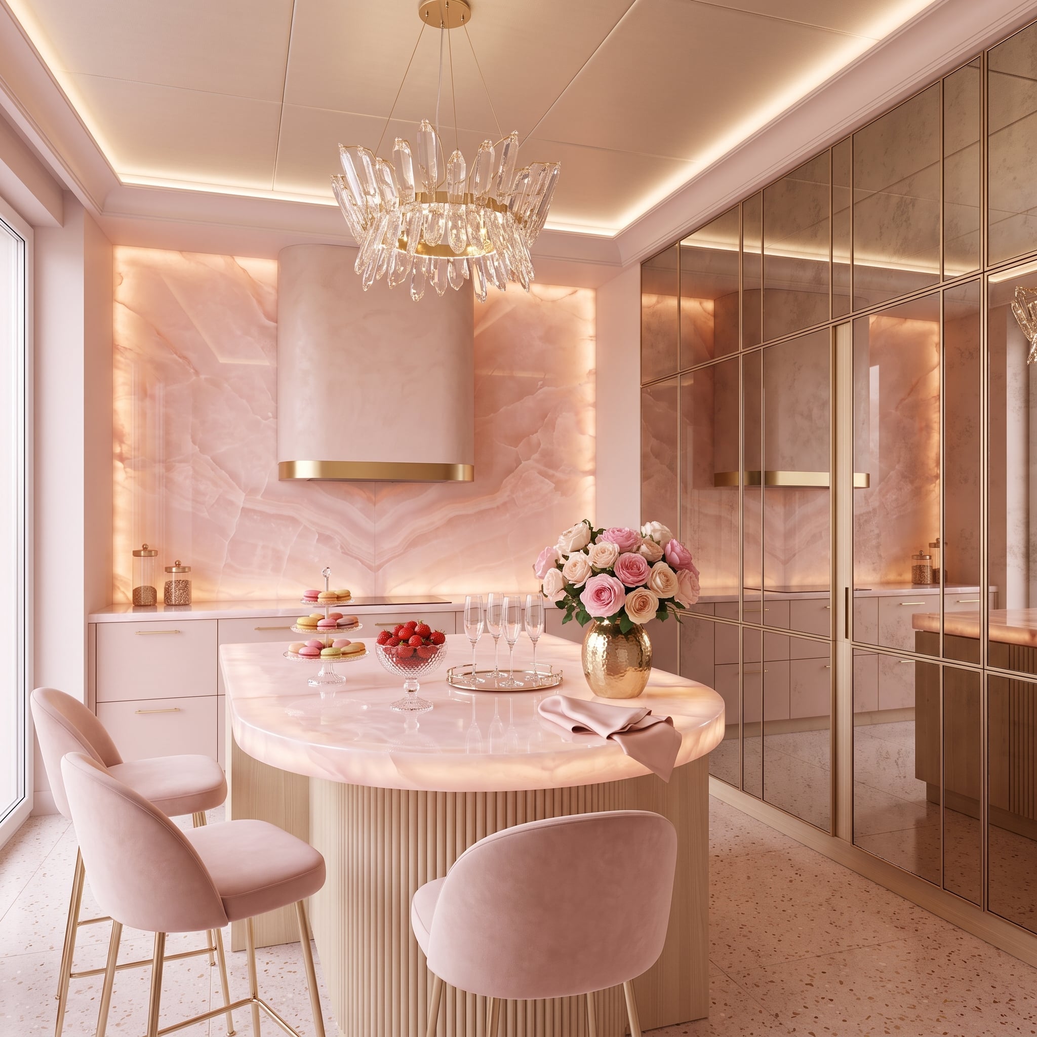 Rose-colored veined stone, mirrored brass-toned panels, and an integrated refrigerator