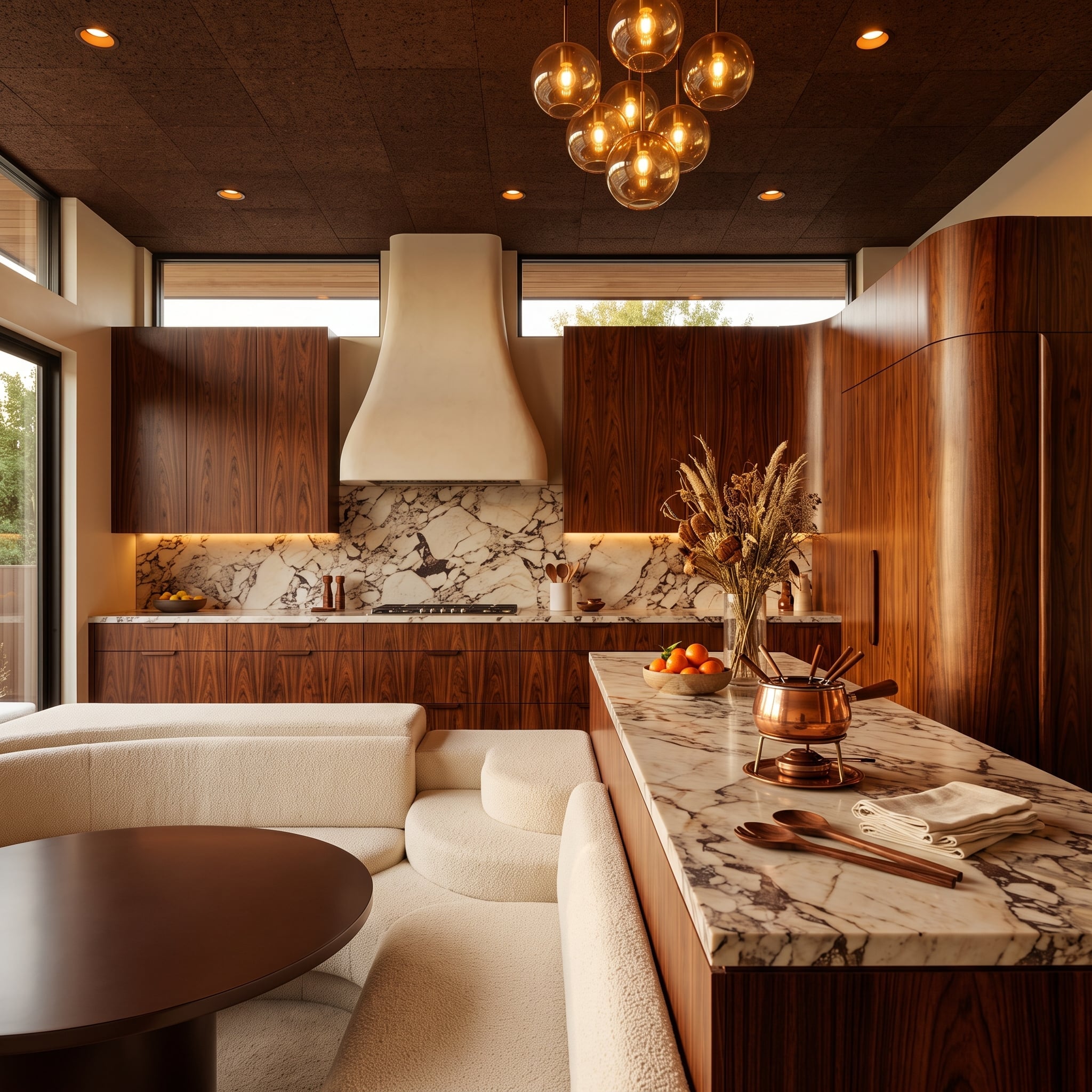 Richly grained dark wood cabinetry, veined stone, and an integrated refrigerator