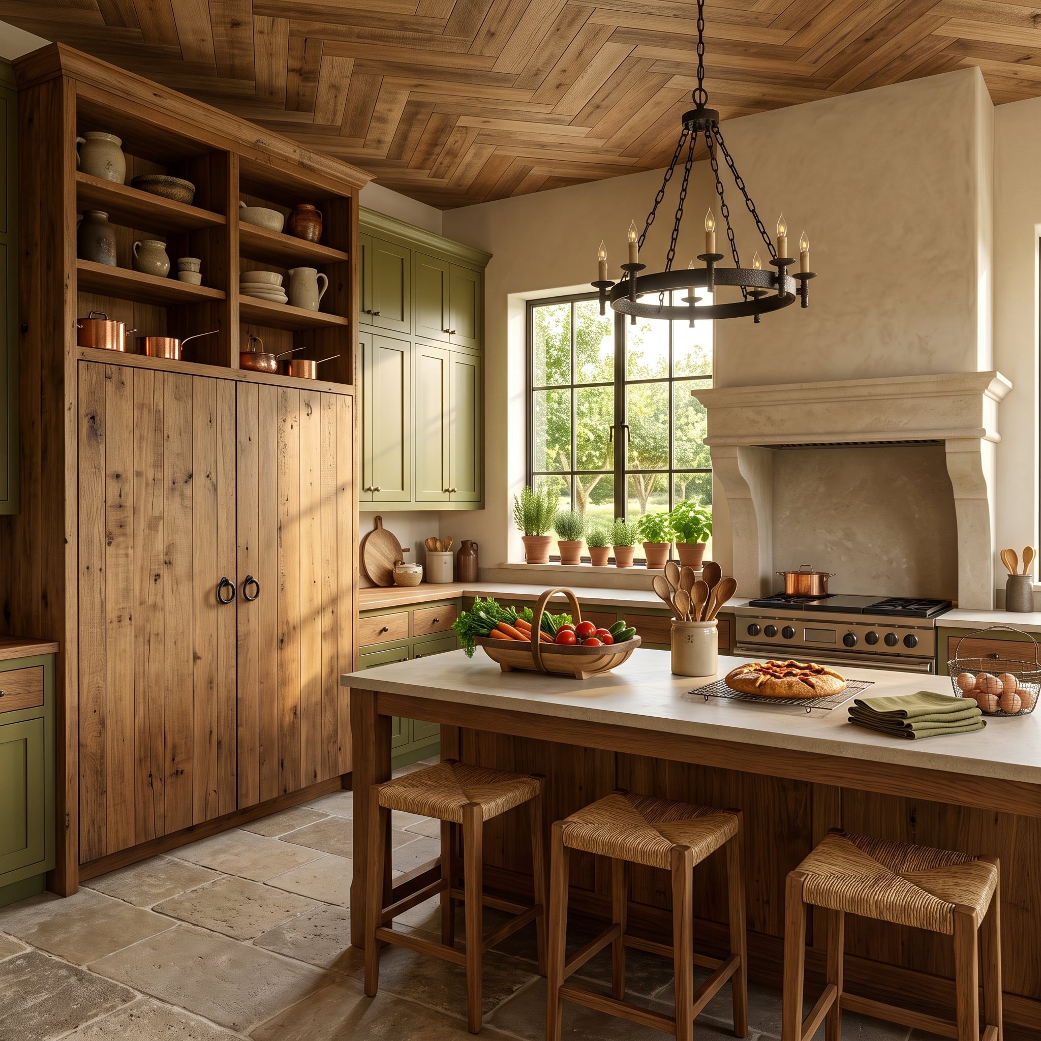 Sage Cabinetry, Herringbone Ceiling, and a Refrigerator the Larder Claimed