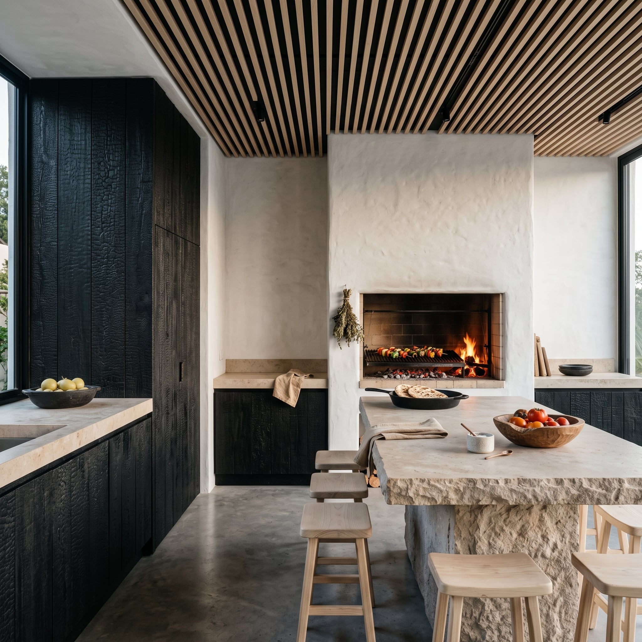 Charred-looking dark wood cabinetry, a stone island, and an open hearth