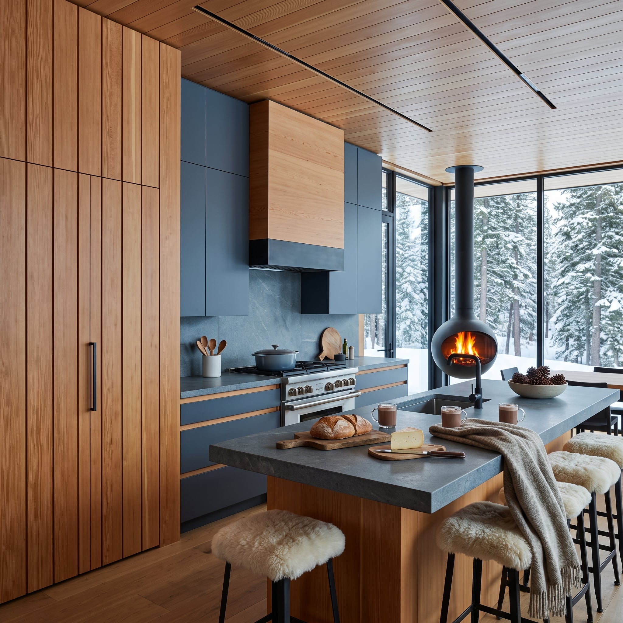 Slate-blue cabinetry, warm wood paneling, a suspended firebox, and integrated refrigerator storage