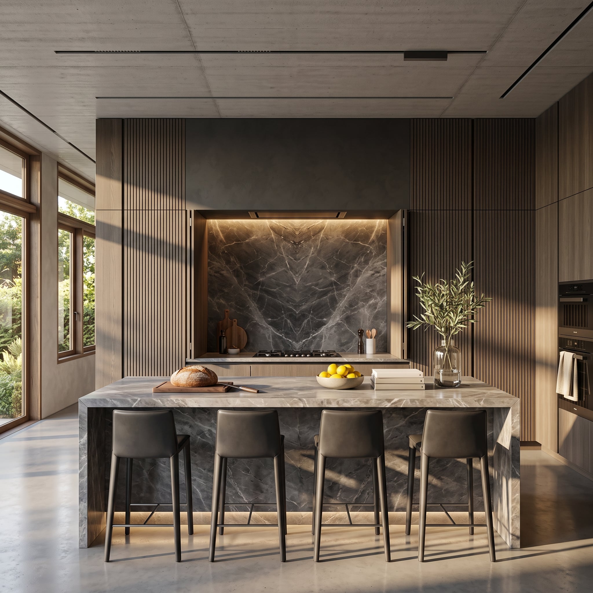 Slatted wood cabinetry, dramatic gray veined stone, and an integrated refrigerator