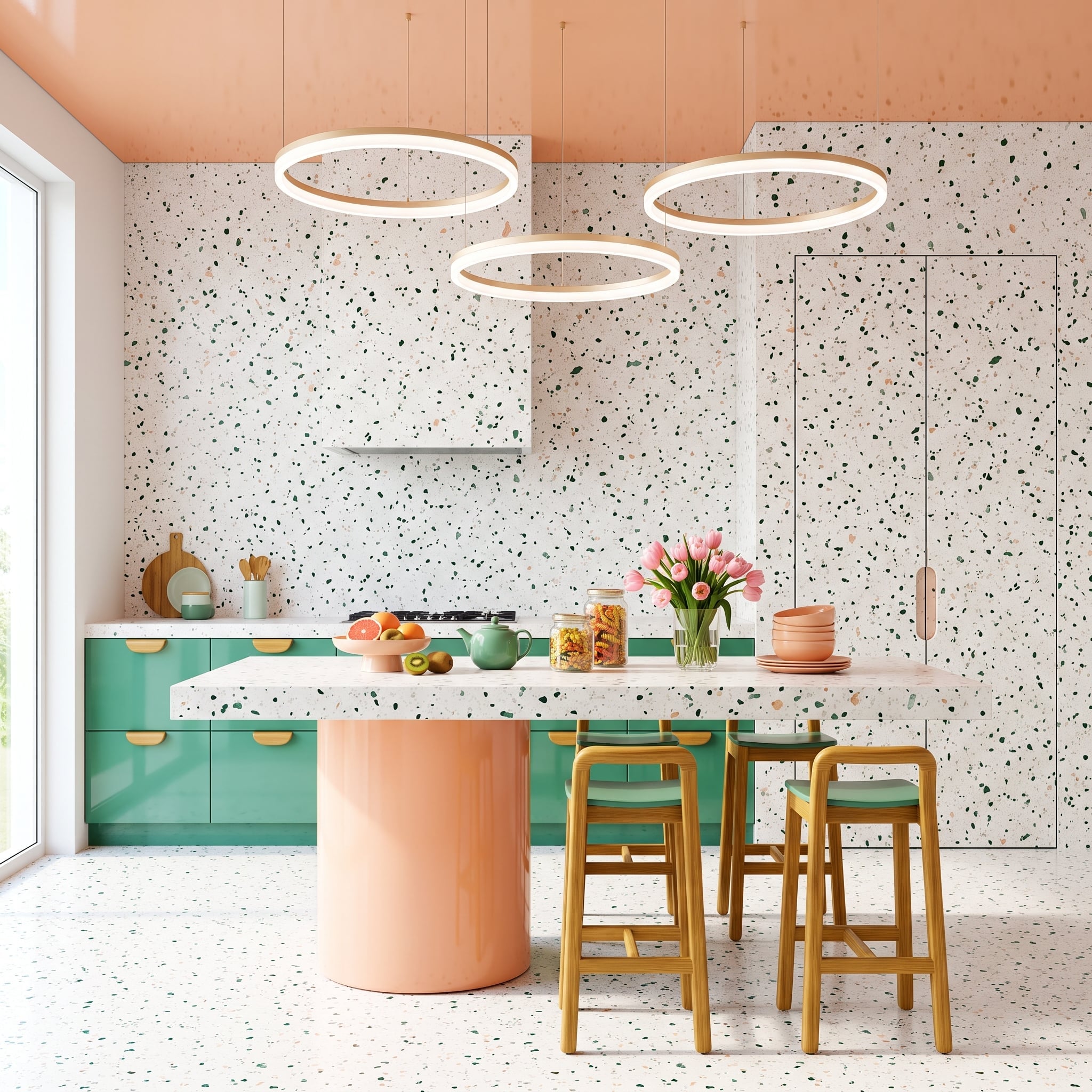 Terrazzo Everywhere, a Peach Ceiling, and a Refrigerator the Pattern Swallowed