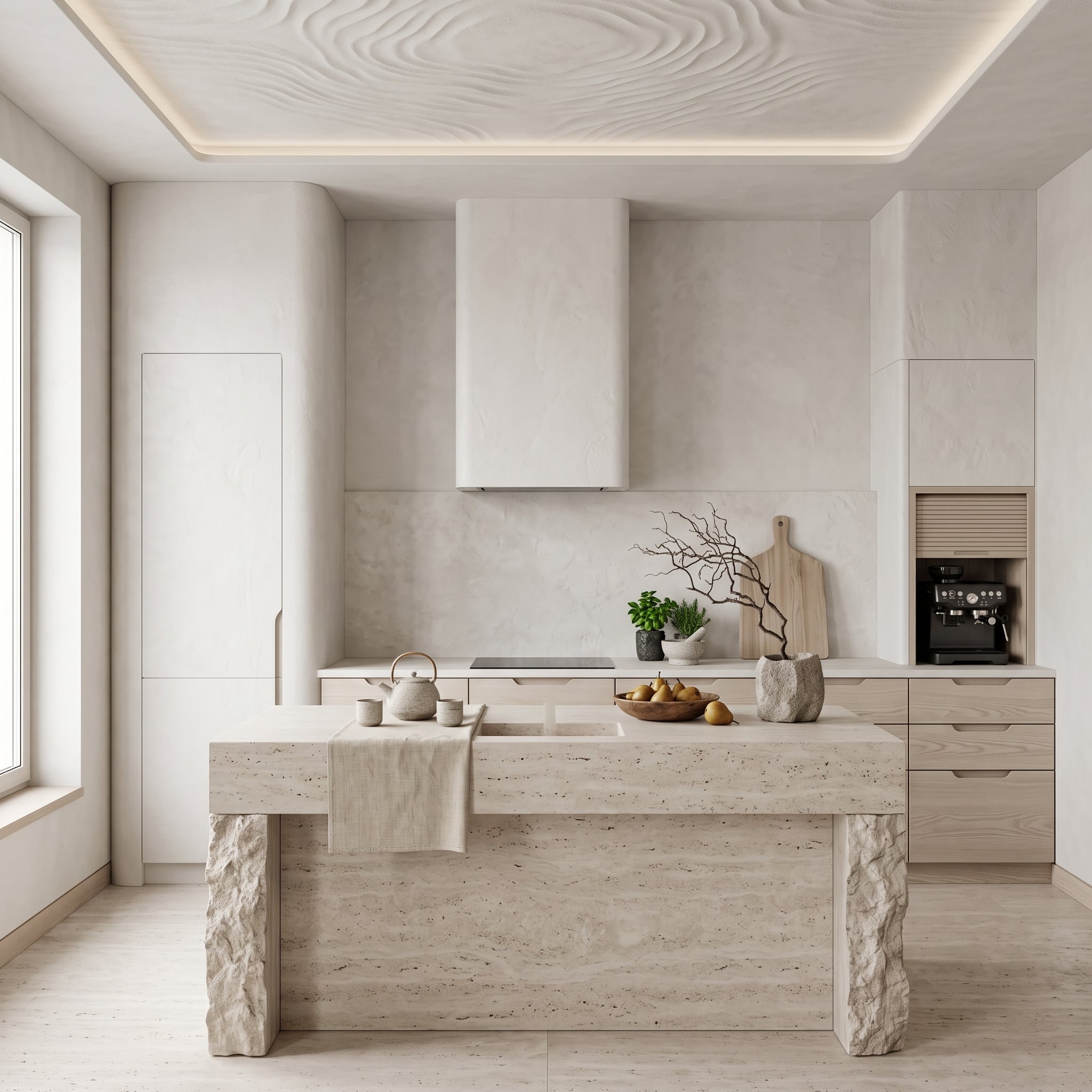 Pale stone island supports, a rippled ceiling, and a plaster-like integrated refrigerator wall