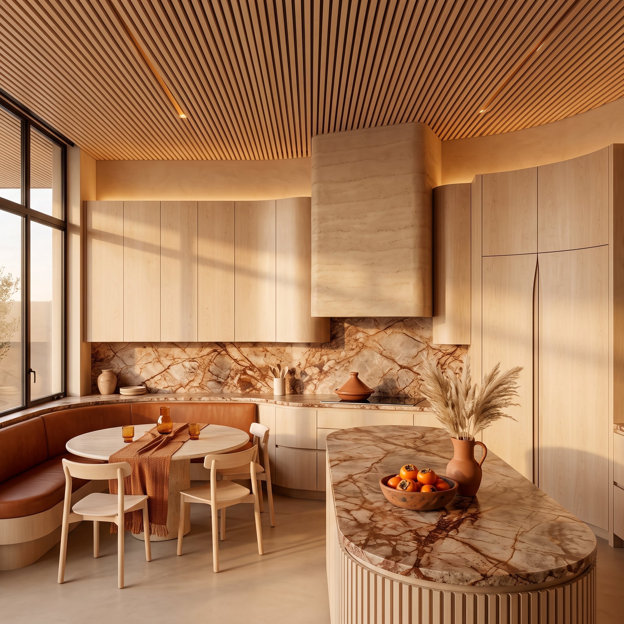 Warm Stone, Slatted Wood Overhead, and a Refrigerator the Maple Grain Claimed