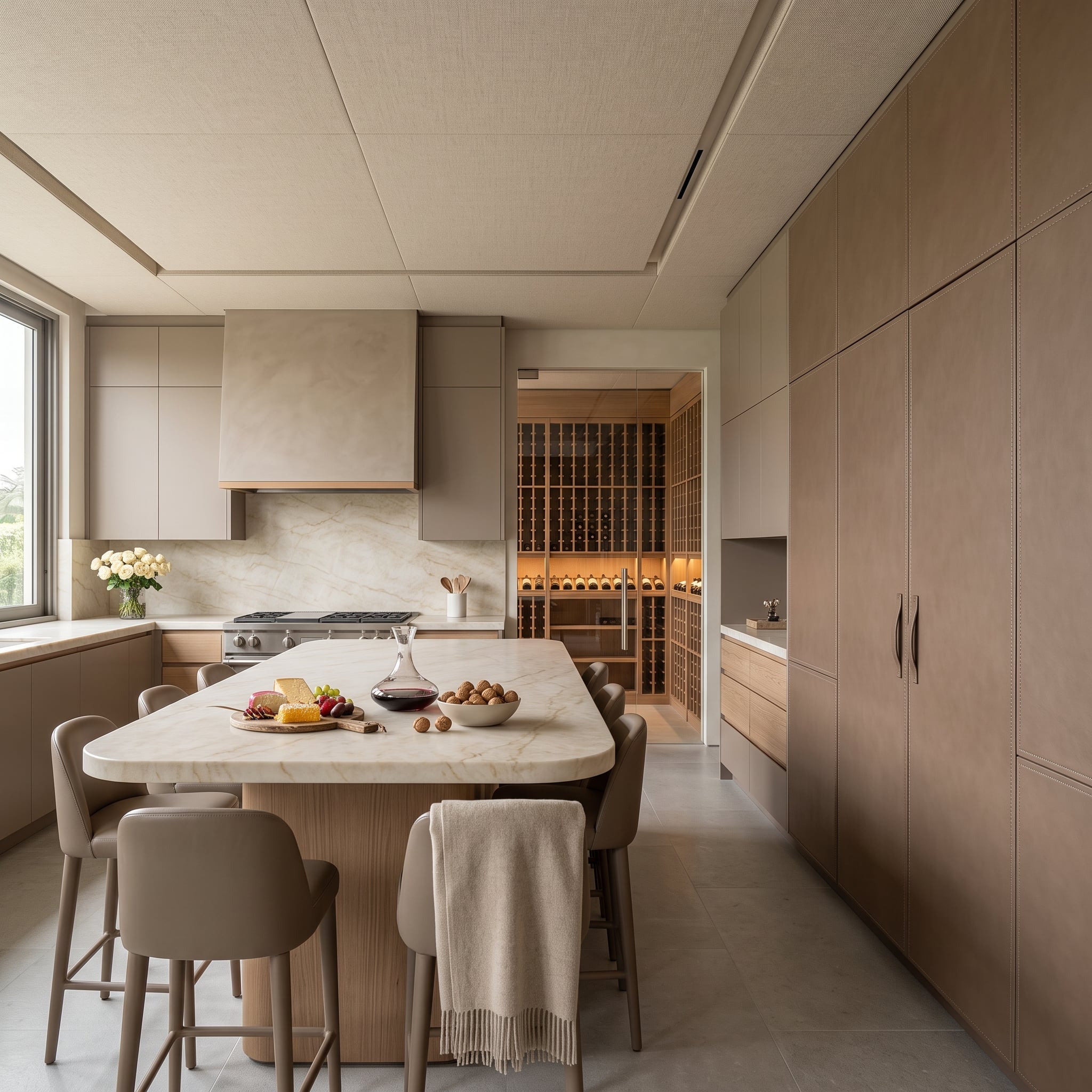 Warm taupe cabinetry, a rounded stone island, integrated refrigerator storage, and illuminated wine storage