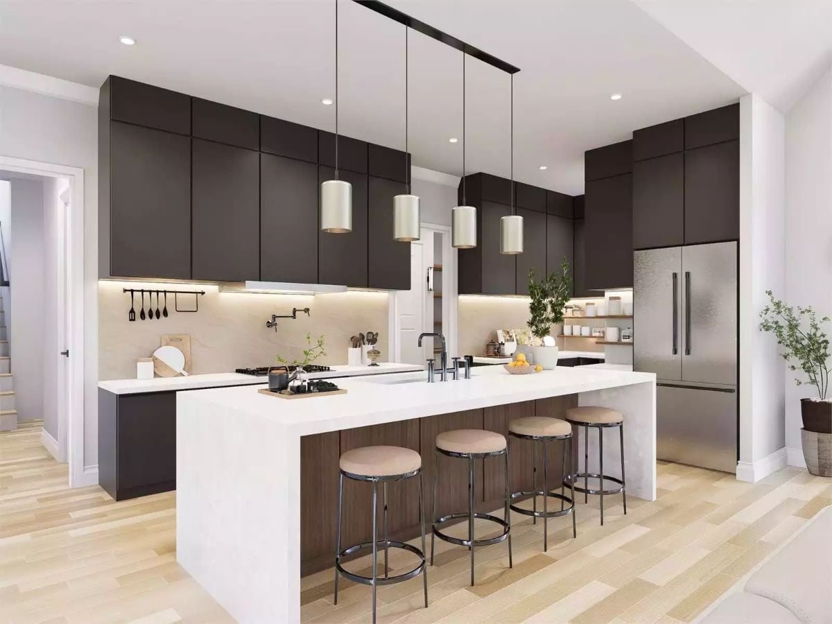 Dark Cabinets, a Waterfall Island, and Four Stools That Mean Business