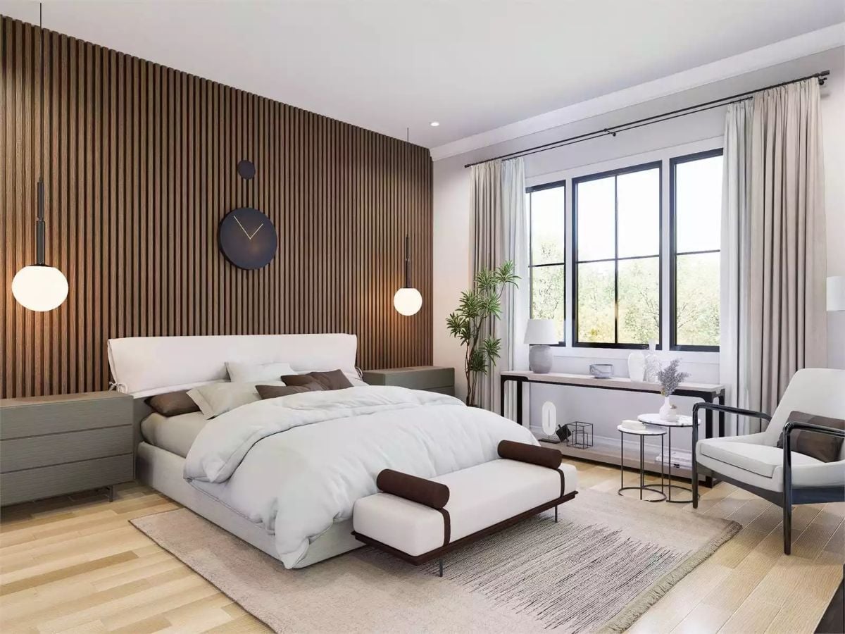 Globe Pendants and a Dark Clock Pull the Wood Wall Into Focus