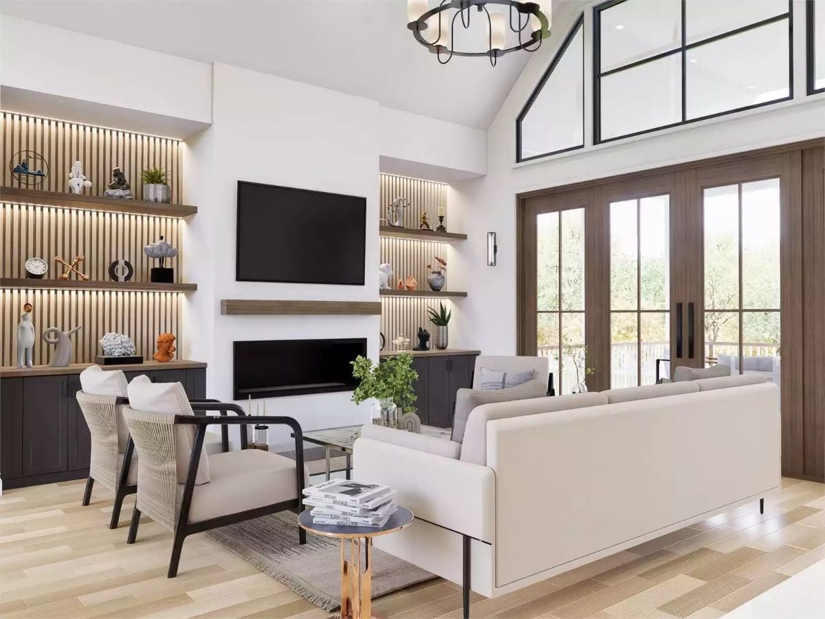 Lit Shelving and a Low Fireplace Give This Living Room Its Backbone