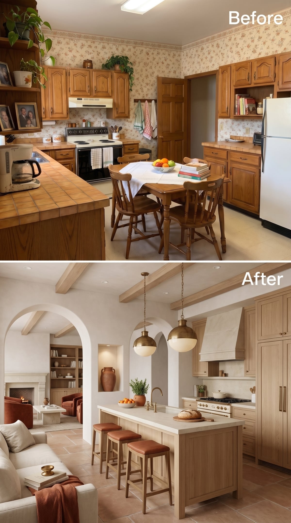 Open kitchen with whitewashed plaster arches, bleached oak cabinetry, exposed beams, and adjoining living room