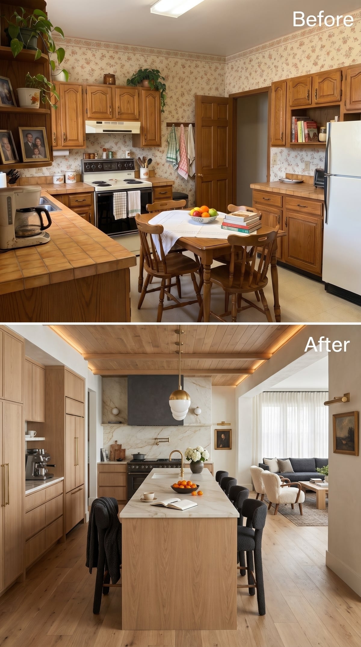 Bleached oak kitchen with marble waterfall island and wood-planked ceiling connecting to an open living area