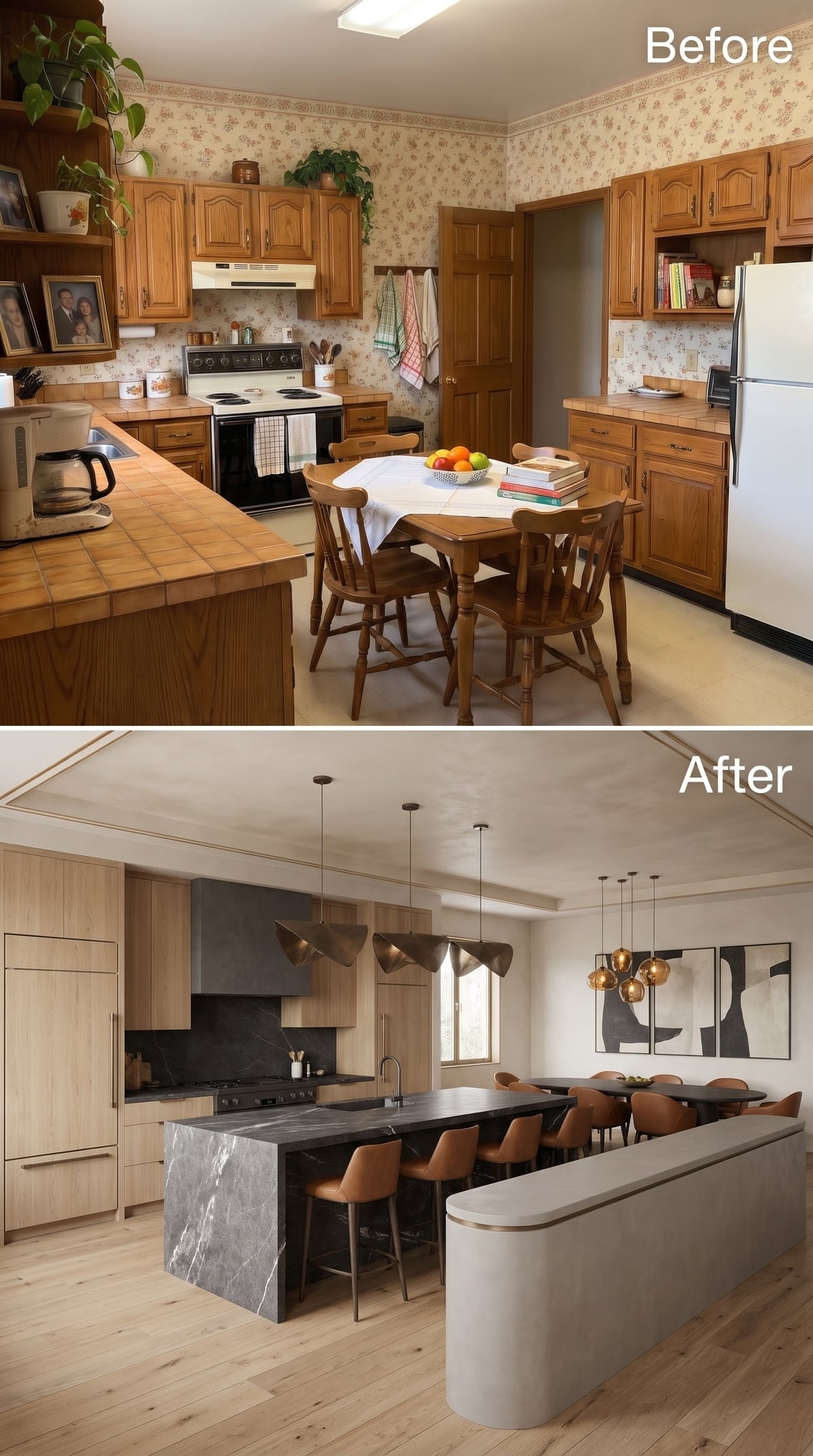 Bleached oak kitchen with gray soapstone island and an adjoining dining area illuminated by amber globe pendants
