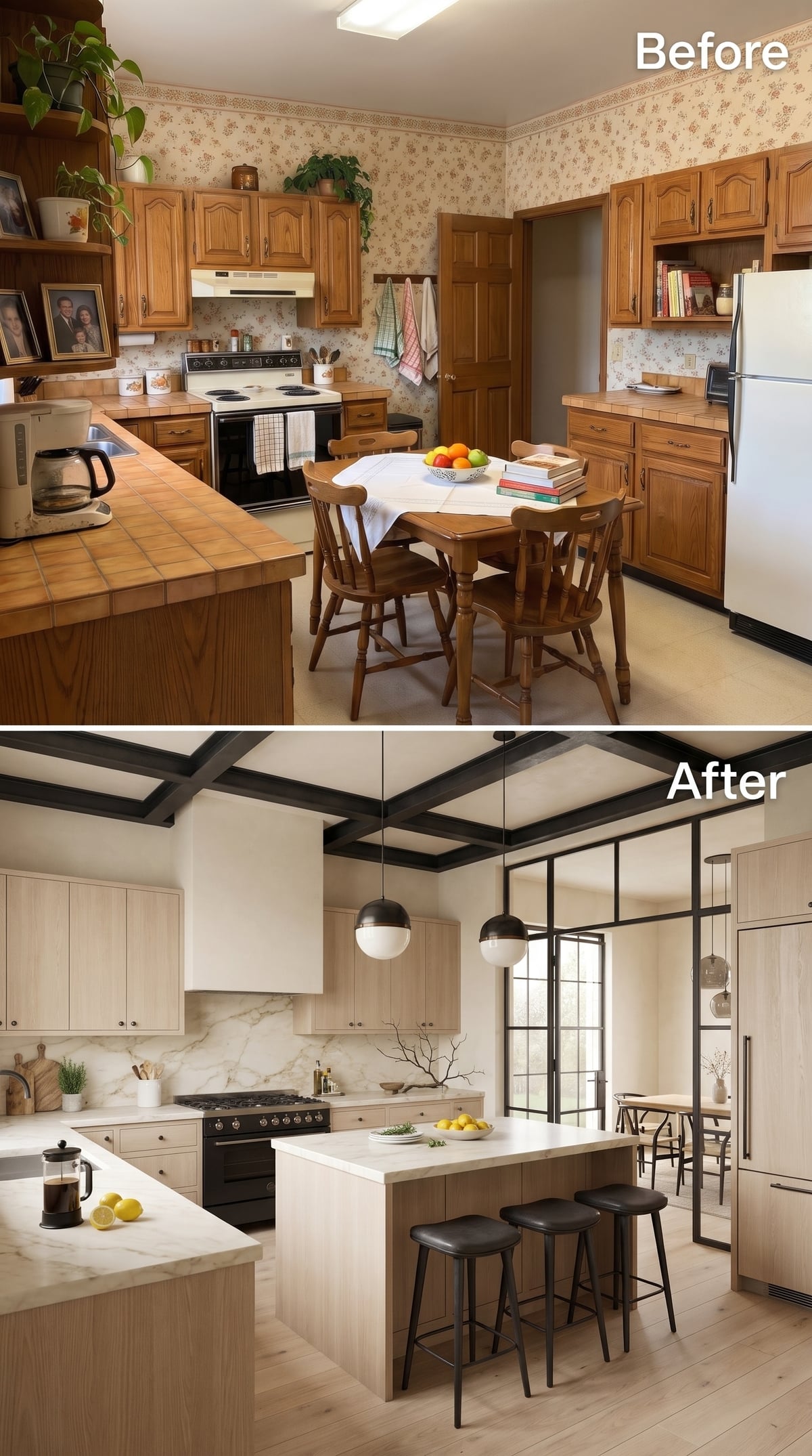 Bleached oak kitchen with white marble island, black steel-framed glass partition, and dining area beyond